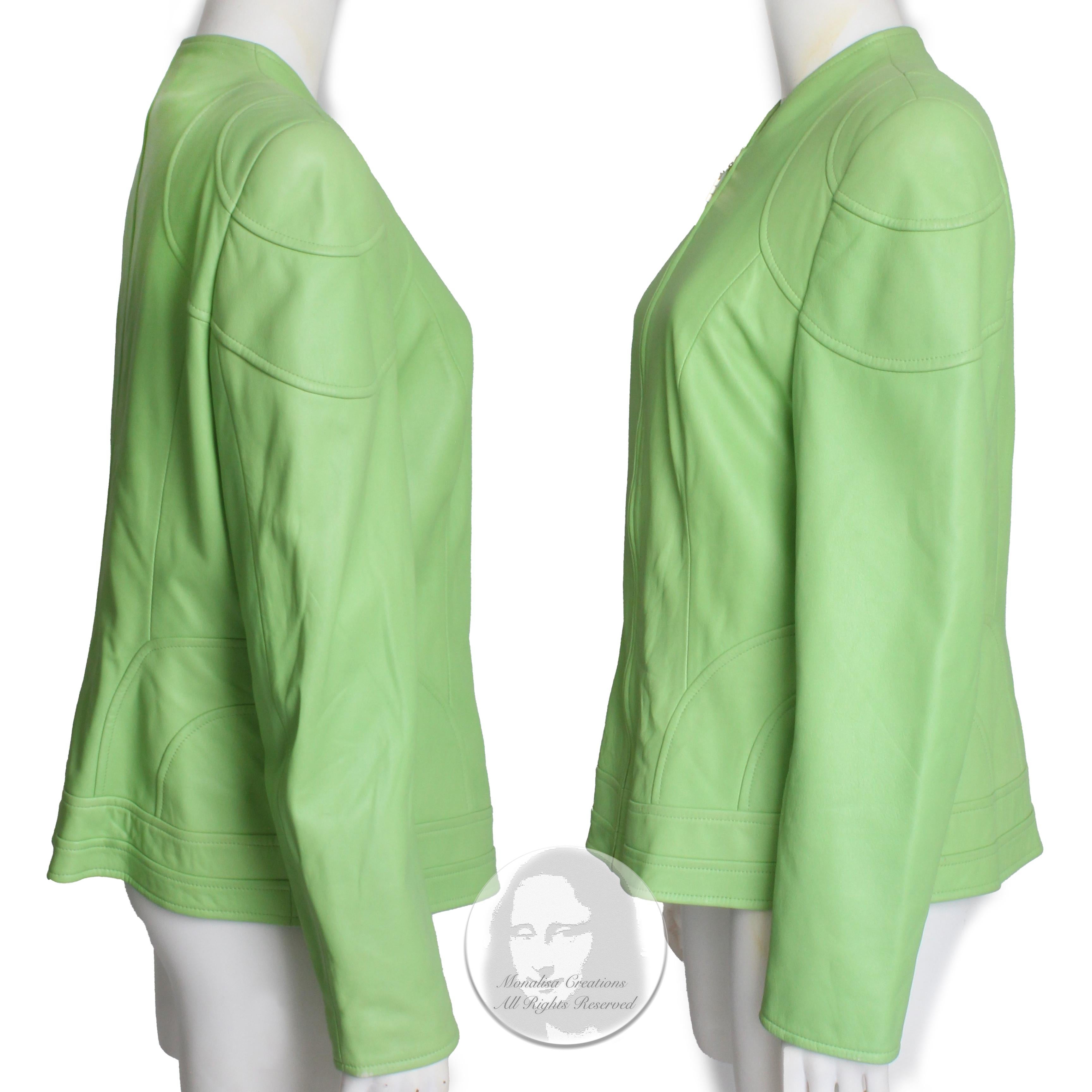 Women's Escada Leather Jacket Soft Lime Green Lambskin Zip Front Vintage 90s Rare Sz 44