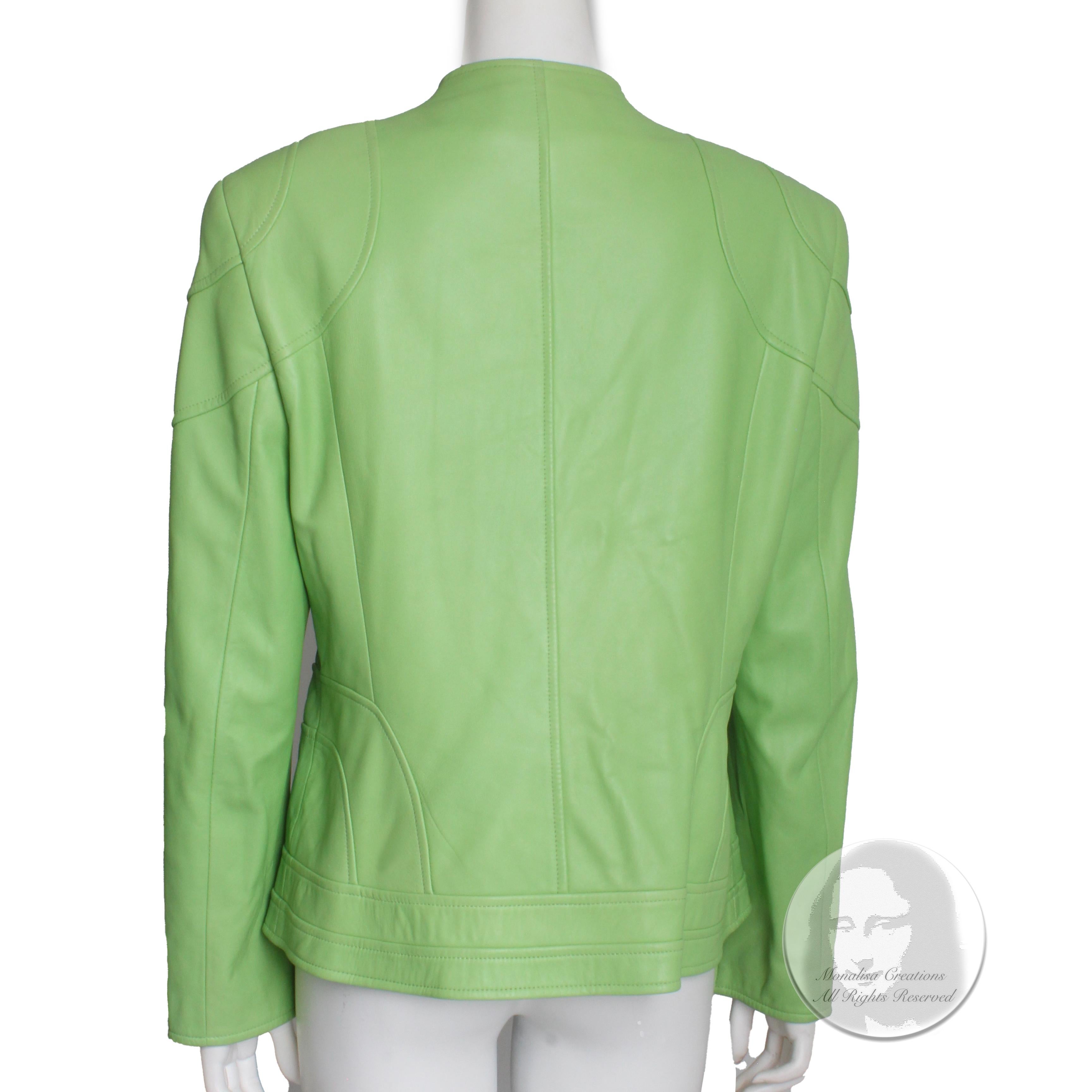Escada Leather Jacket Soft Lime Green Lambskin Zip Front Vintage 90s Rare Sz 44 1