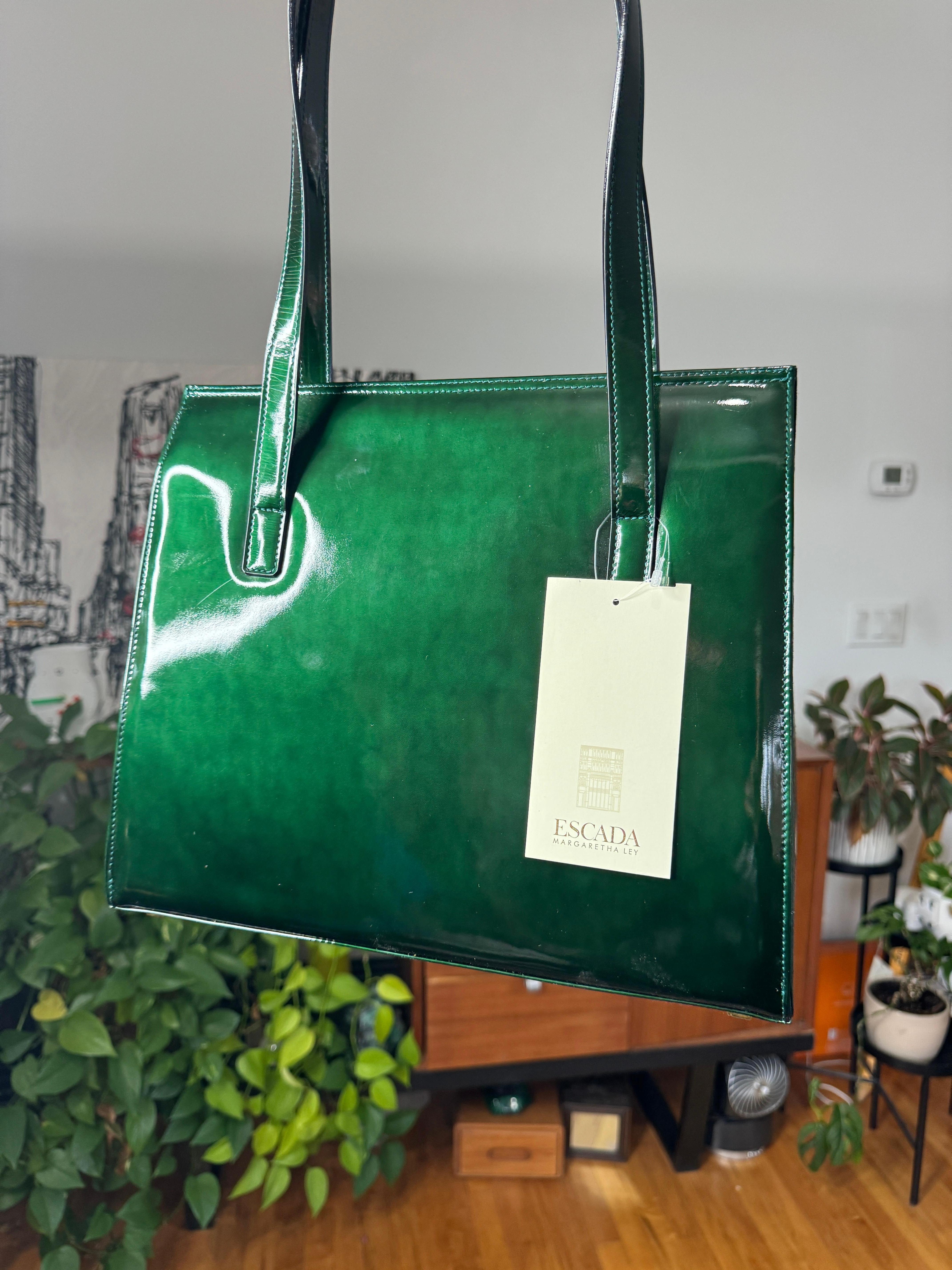 Escada Leder Kelly Handtasche Braun Never Used 1990s Handtasche Geldbörse Grün im Angebot 5