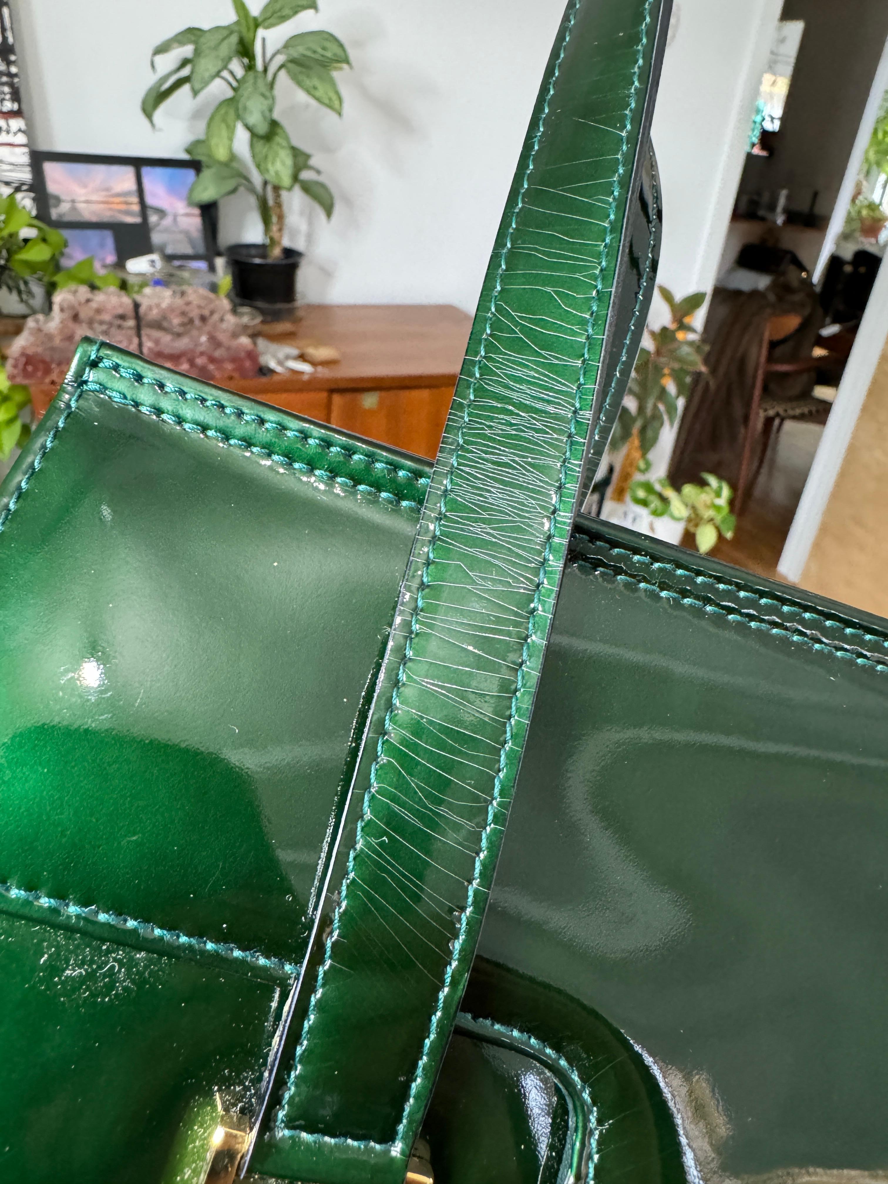 Escada Leder Kelly Handtasche Braun Never Used 1990s Handtasche Geldbörse Grün im Angebot 6