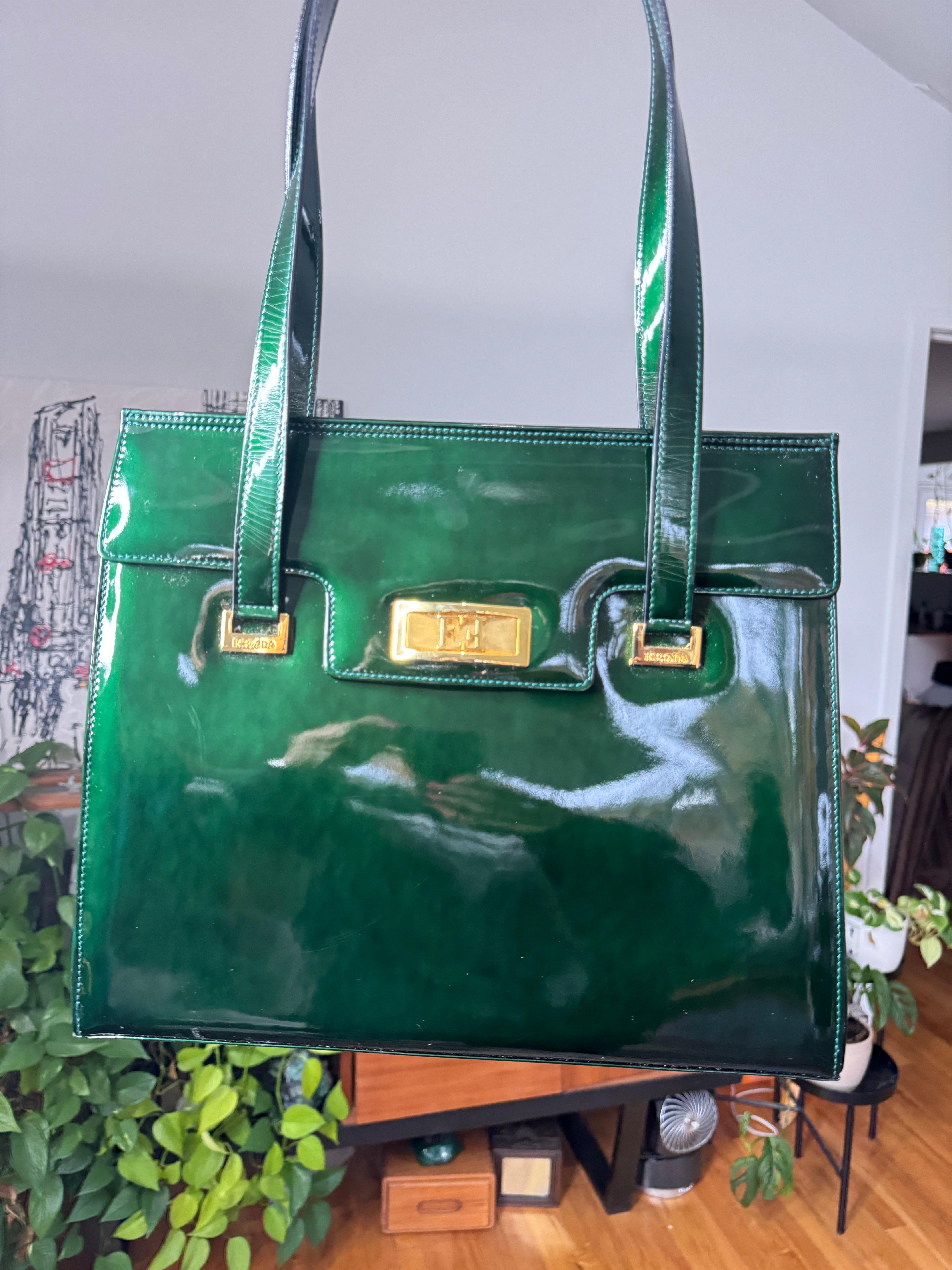 Escada Leder Kelly Handtasche Braun Never Used 1990s Handtasche Geldbörse Grün im Angebot 2