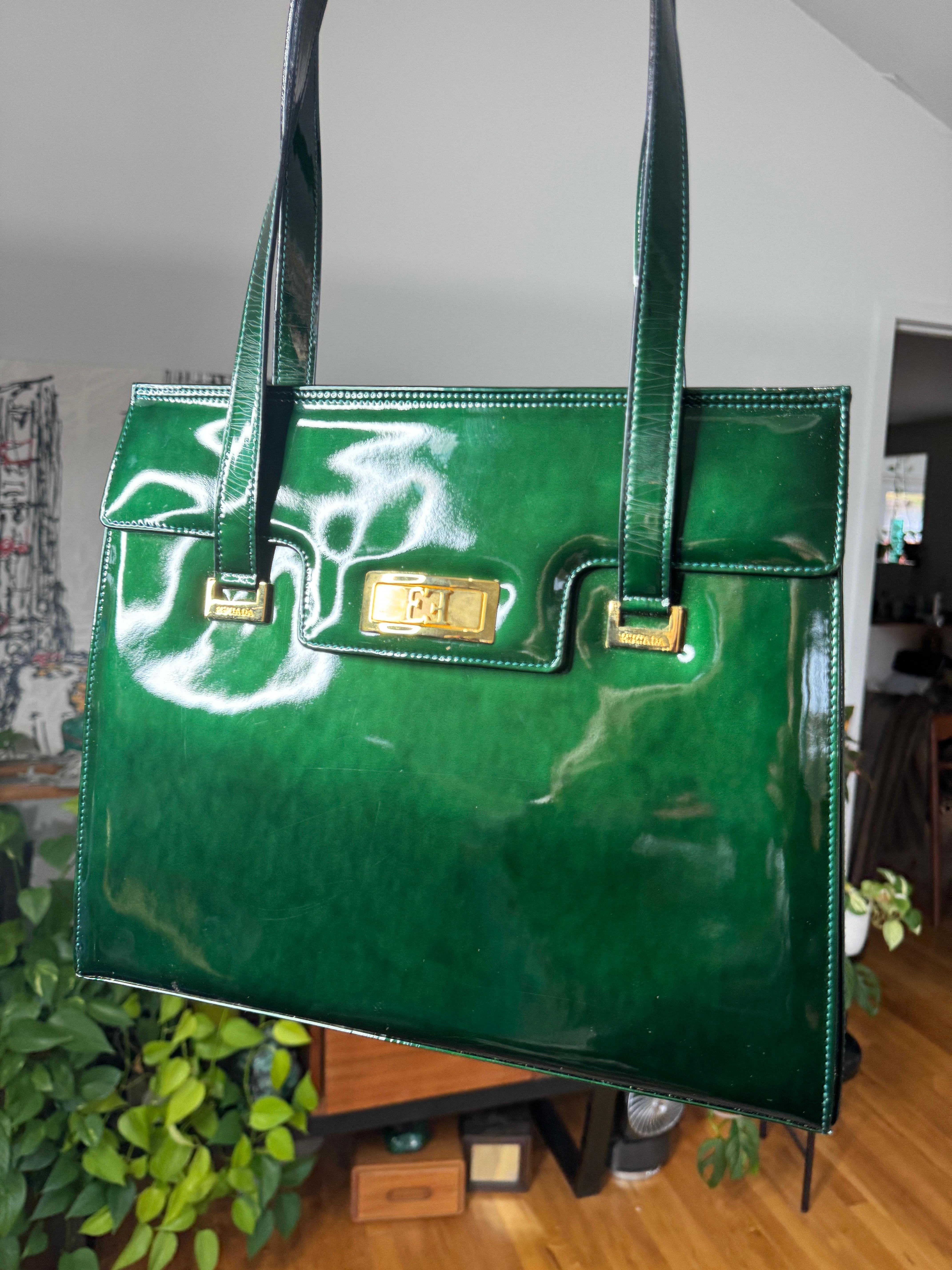 Escada Leder Kelly Handtasche Braun Never Used 1990s Handtasche Geldbörse Grün im Angebot 3