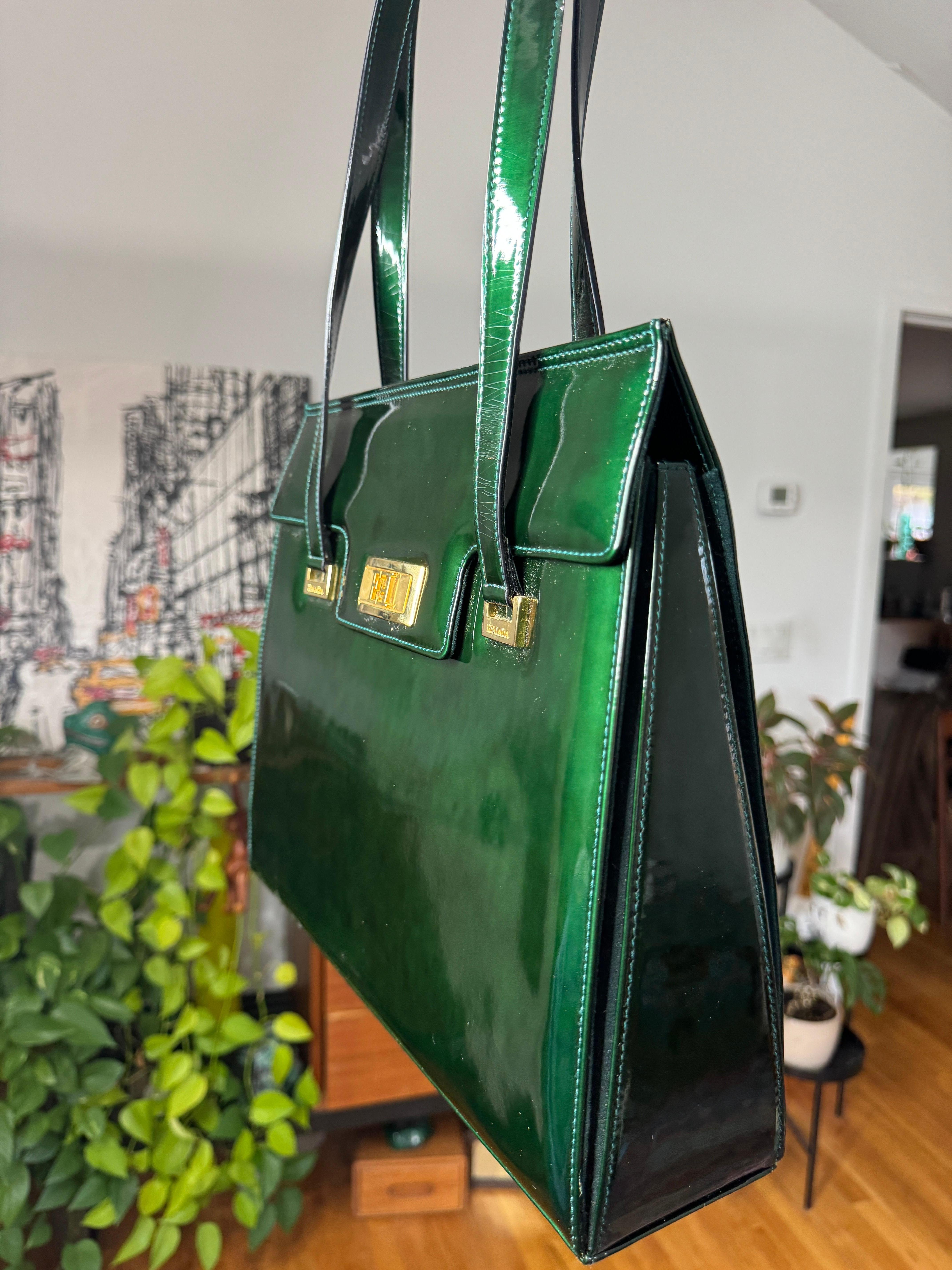 Escada Leder Kelly Handtasche Braun Never Used 1990s Handtasche Geldbörse Grün im Angebot 4