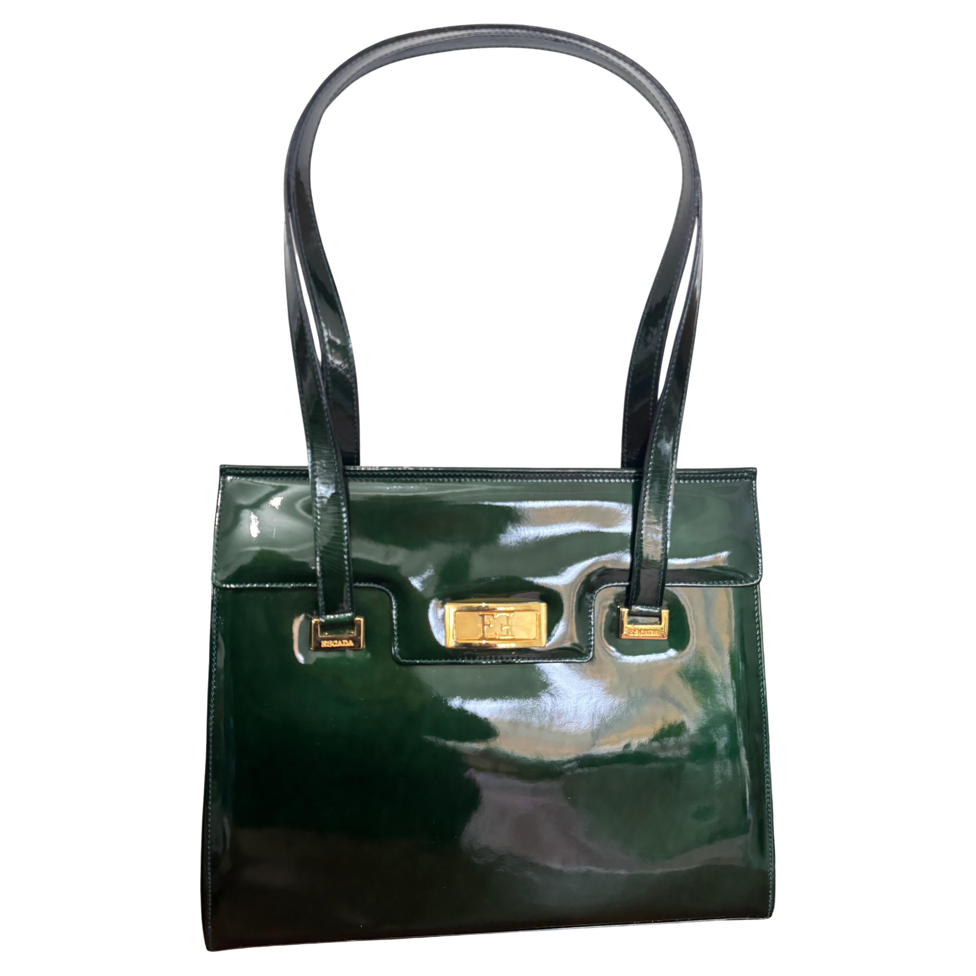 Escada Leather Kelly Hand Bag Brown Never Used 1990 Handbag Purse Green