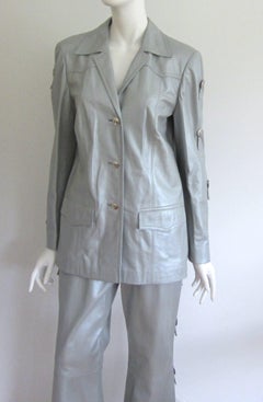 Escada Leather Suit Jacket Pants - Western Motif Grey New With Tags 1990s