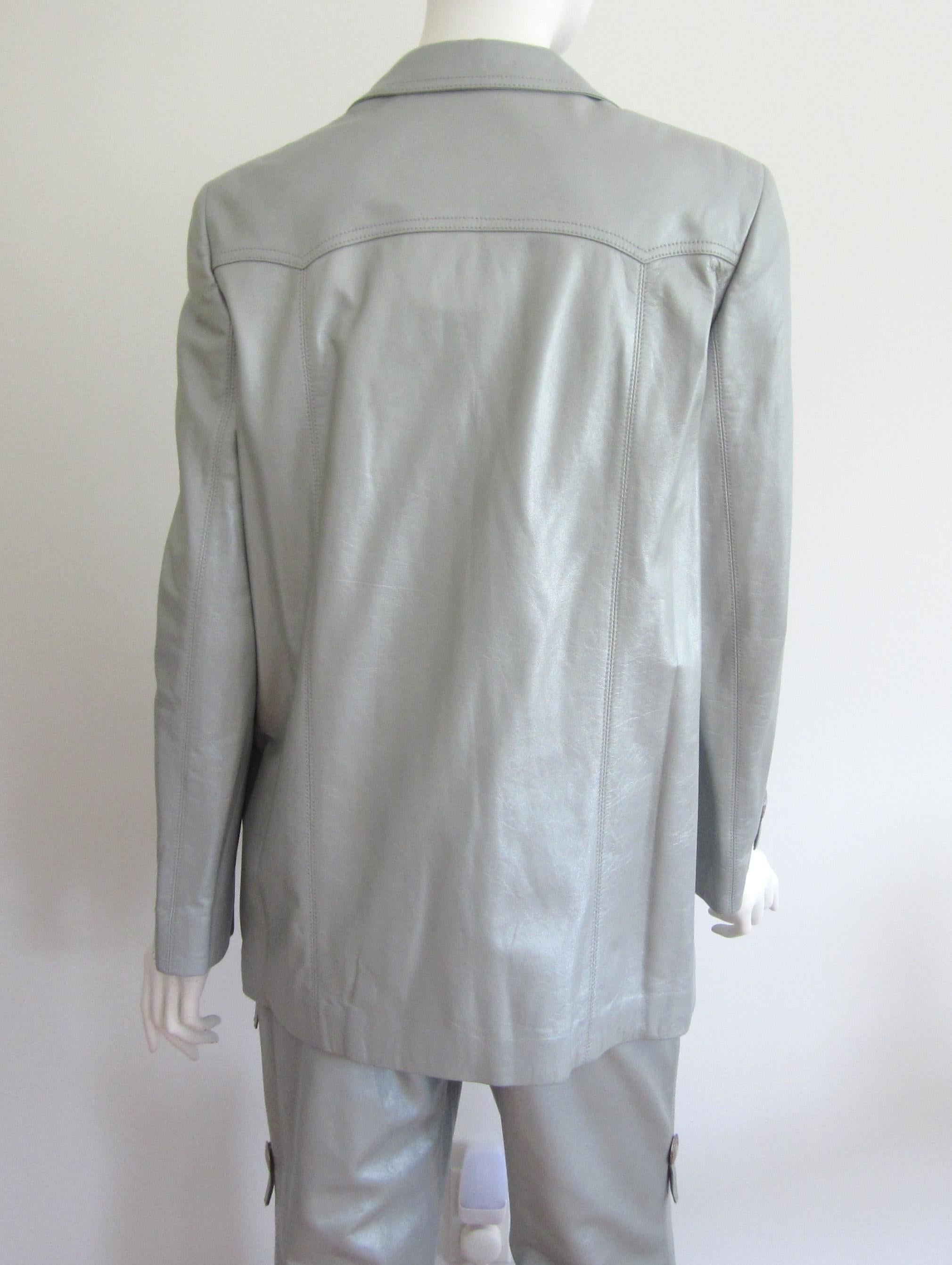 Women's  Escada Leather Jacket Pants - Western Motif Grey Suit New With Tags 1990s  For Sale