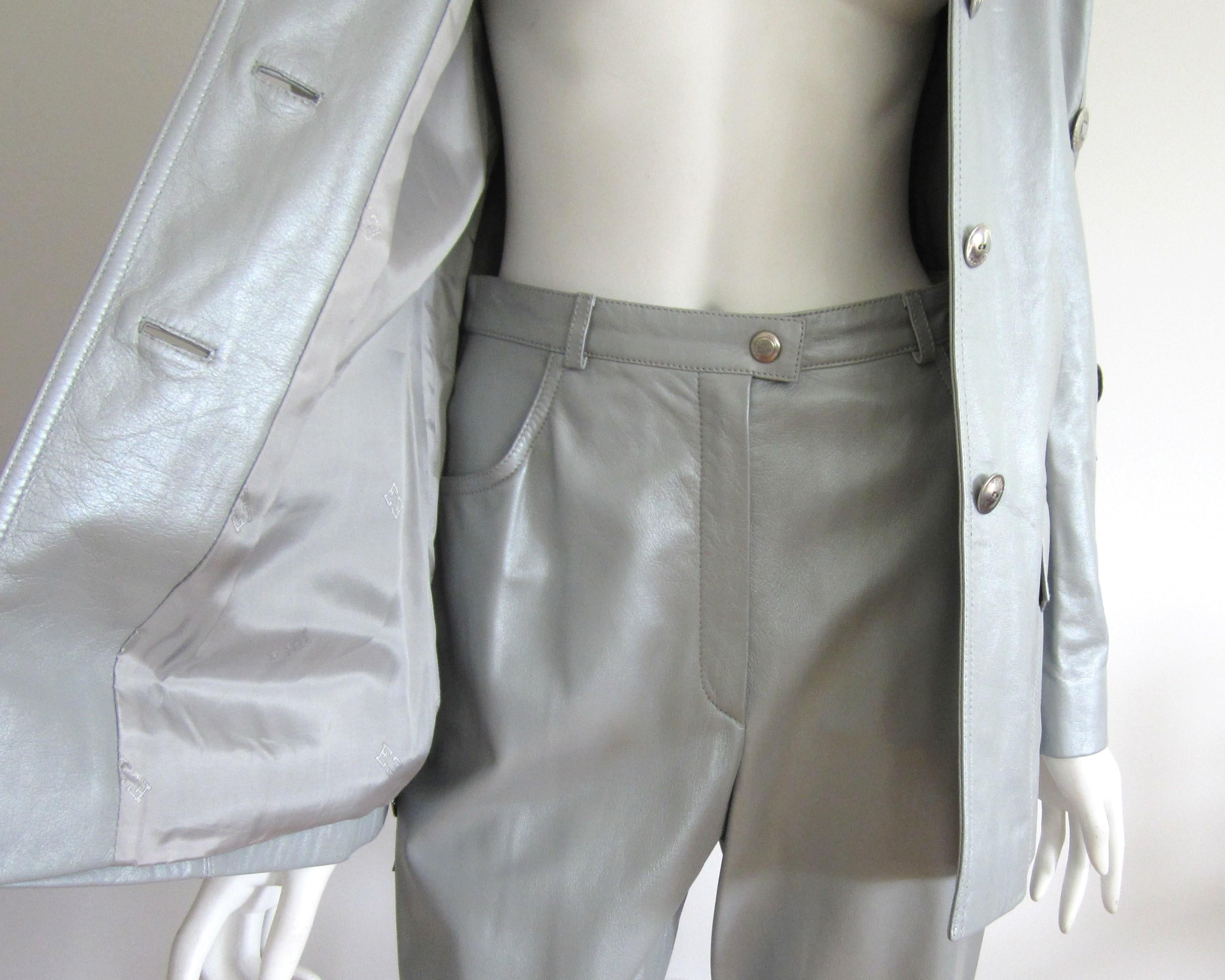 Escada Leather Jacket Pants - Western Motif Grey Suit New With Tags 1990s  For Sale 1
