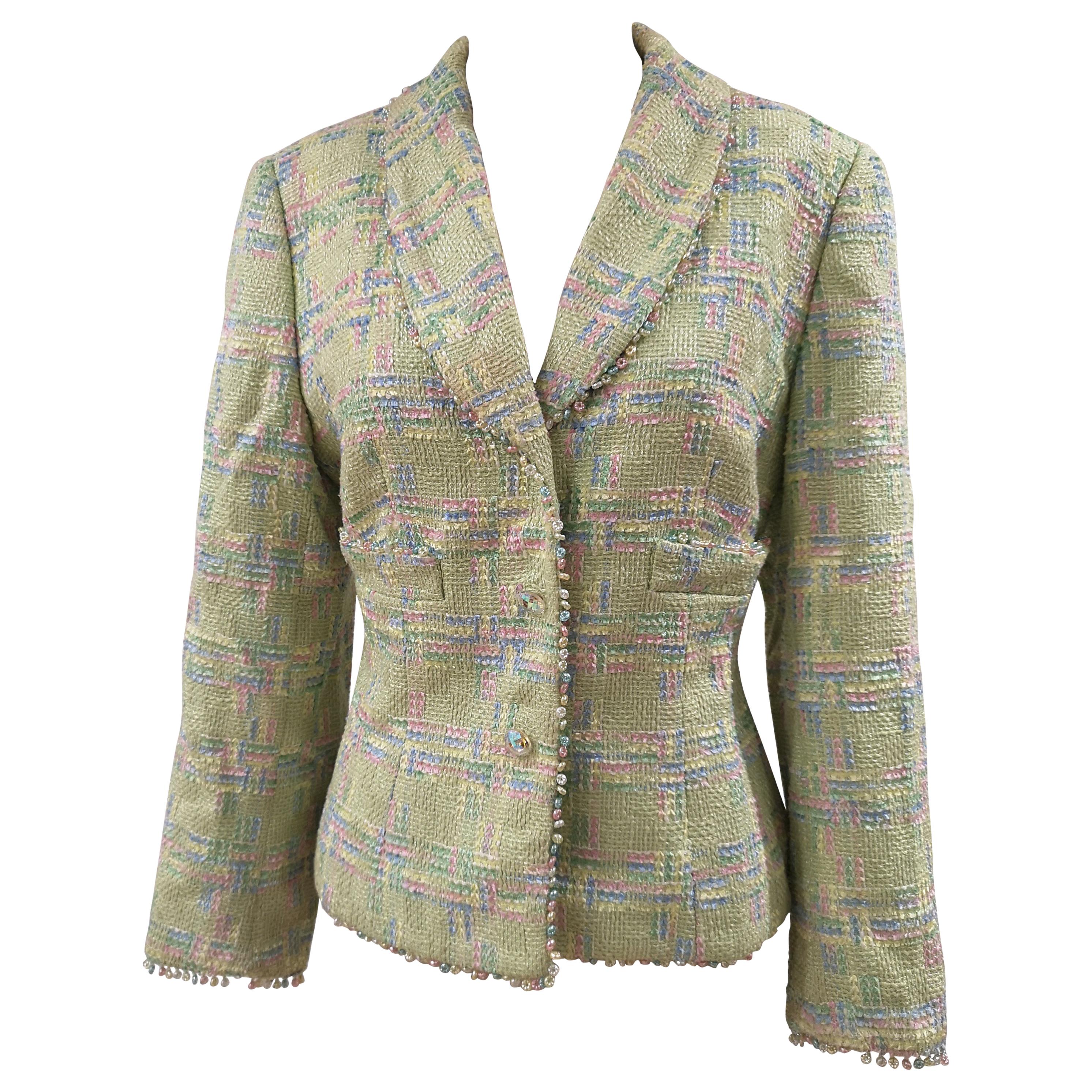 Escada light green wool cotton beads jacket For Sale