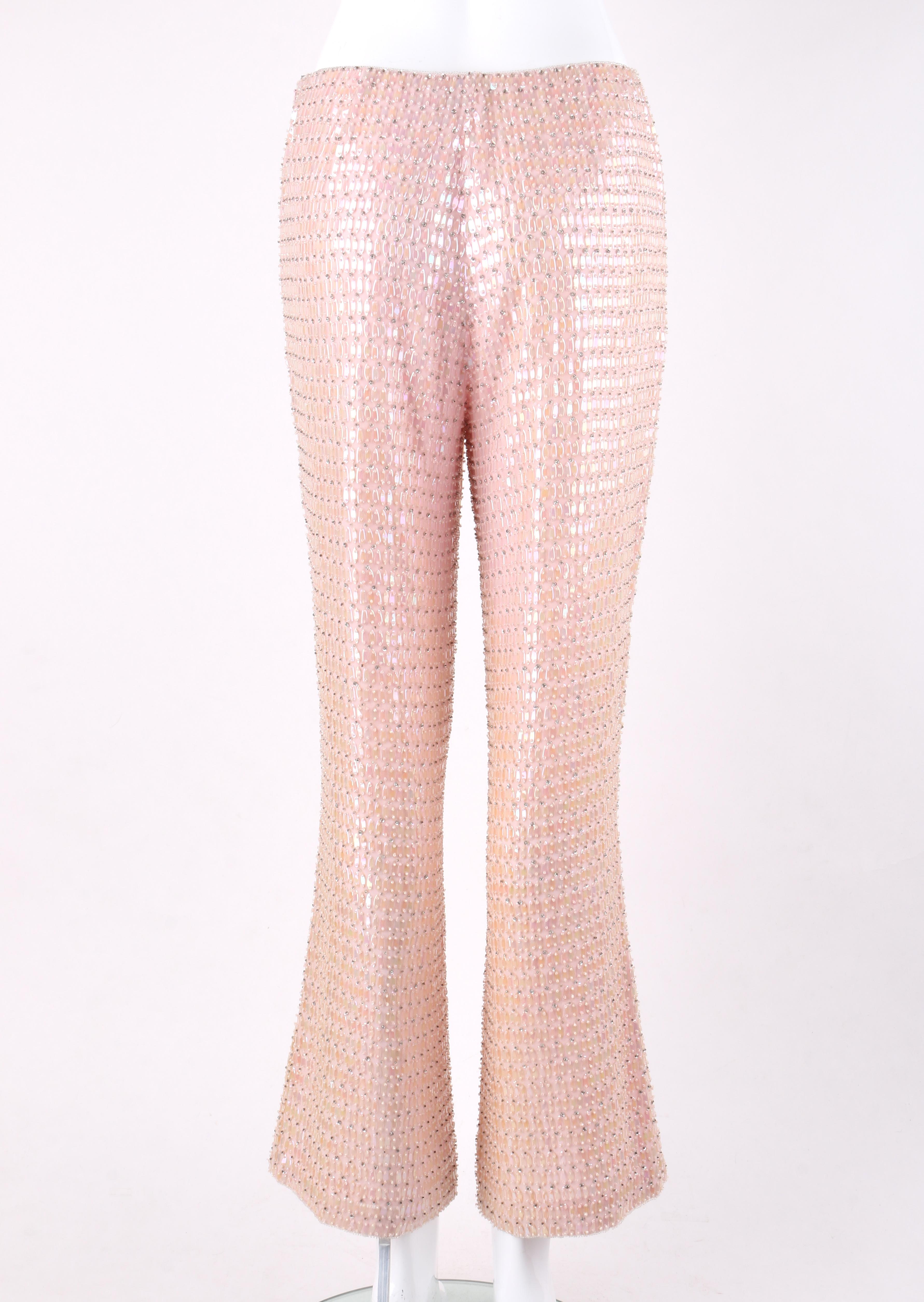 Beige ESCADA Light Pink Silk Bead & Sequin Embellished Shimmer Wide Leg Flare Pants