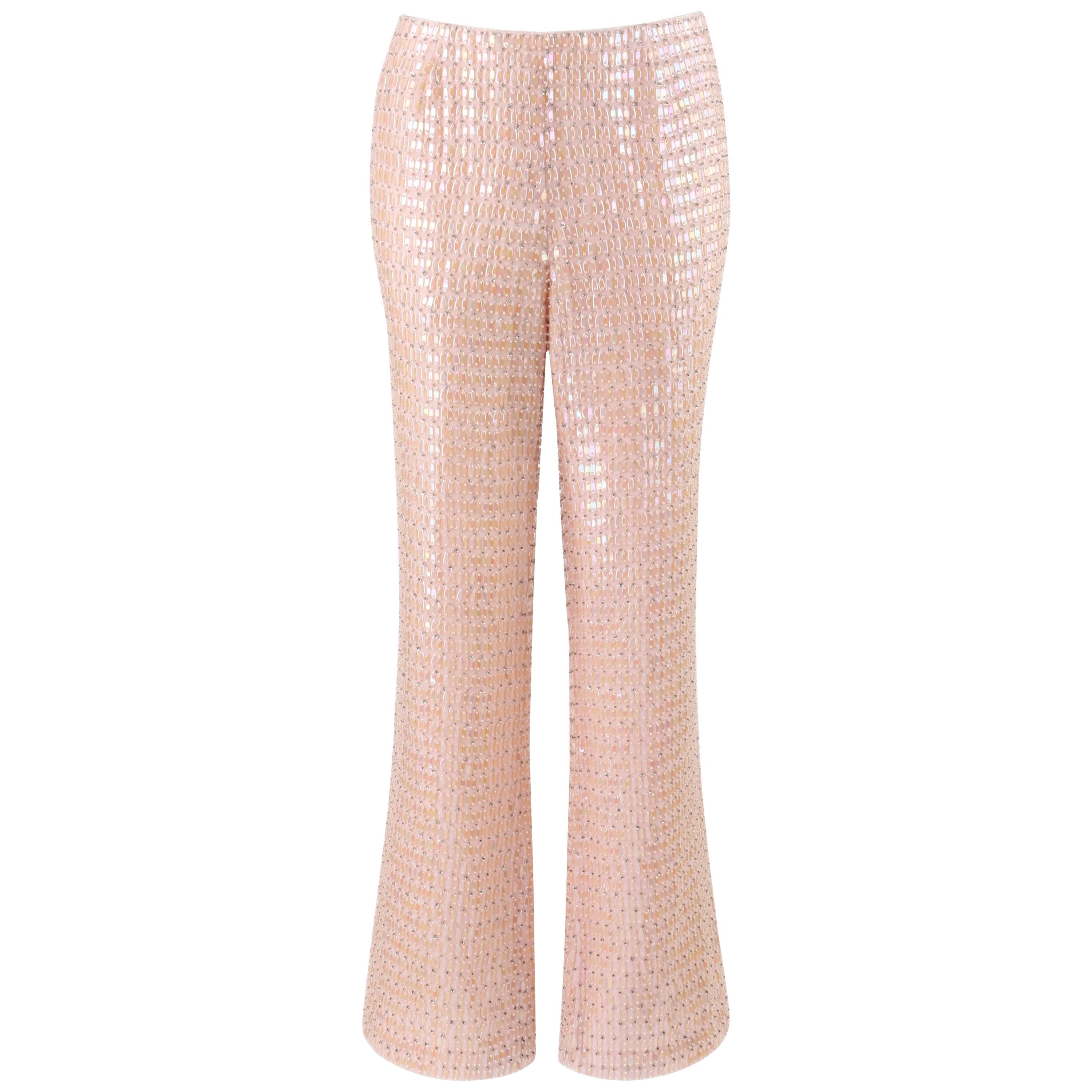 ESCADA Light Pink Silk Bead & Sequin Embellished Shimmer Wide Leg Flare Pants