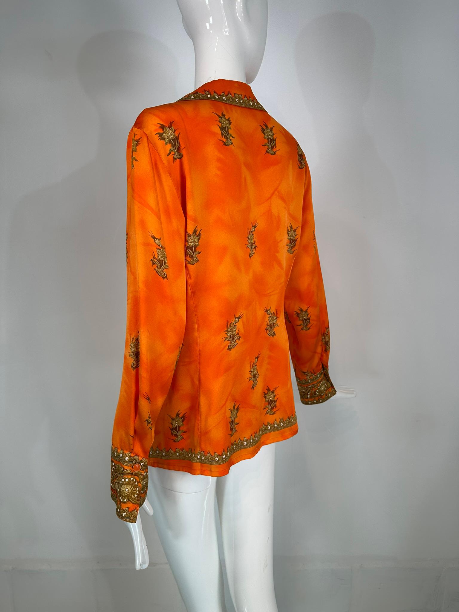 Escada Langärmelige Prinzessinnenbluse aus Seide in Orange und Gold mit floralen Bordüren im Angebot 5
