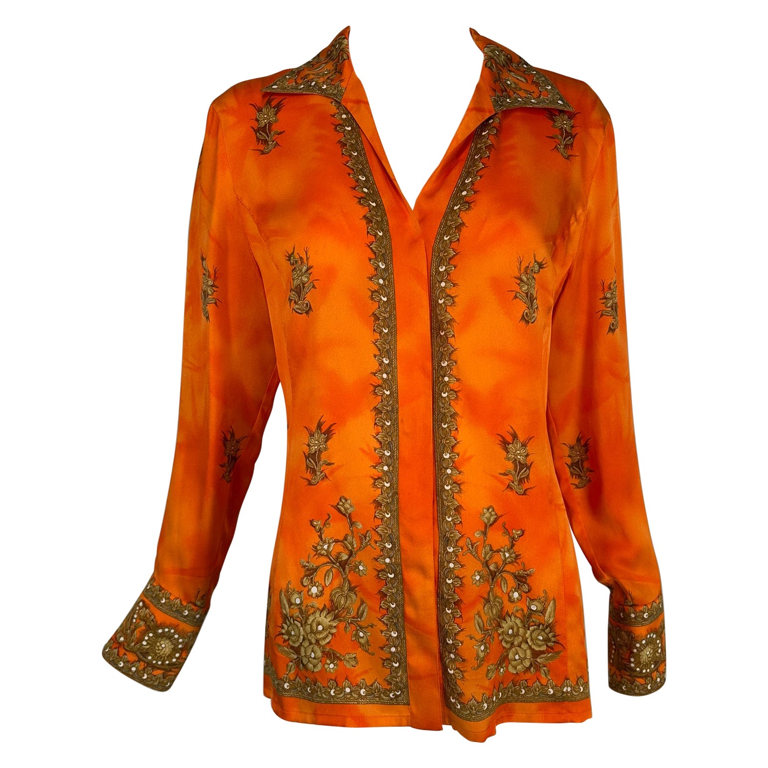 Escada - Chemisier à manches longues en soie orange et or avec coutures princesse et bordures florales