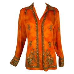 Escada Langärmelige Prinzessinnenbluse aus Seide in Orange und Gold mit floralen Bordüren
