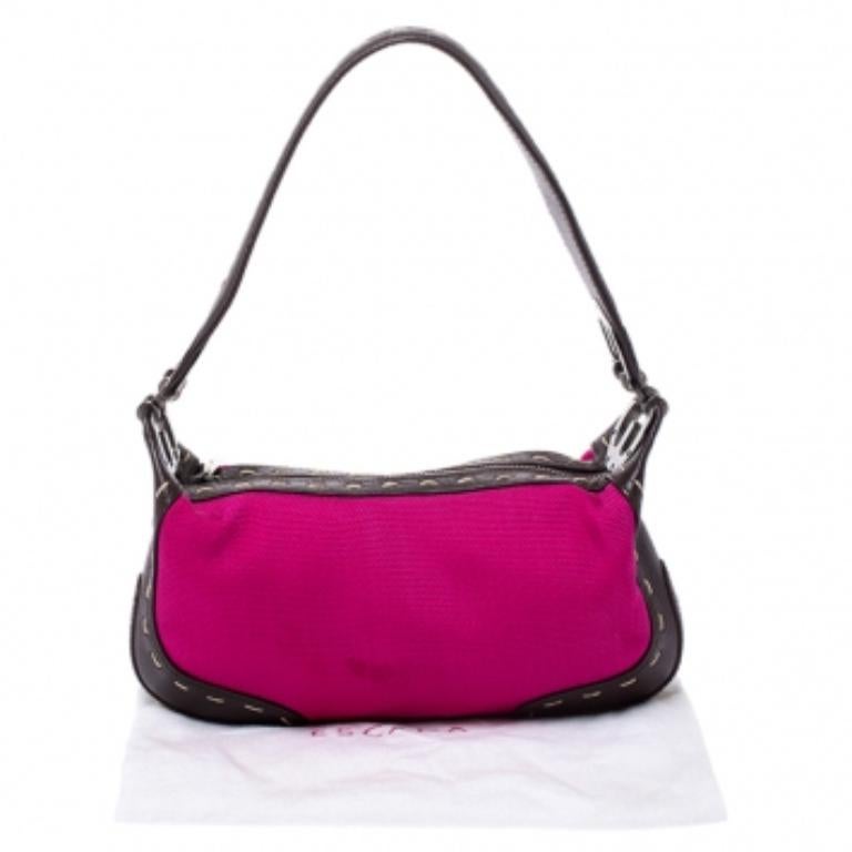 Escada Magenta/Dark Brown Leather and Canvas Small Eluna Bag For Sale 5