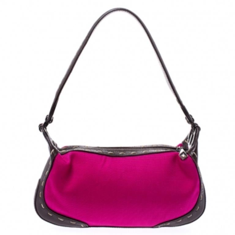 Escada Magenta/Dark Brown Leather and Canvas Small Eluna Bag For Sale 1