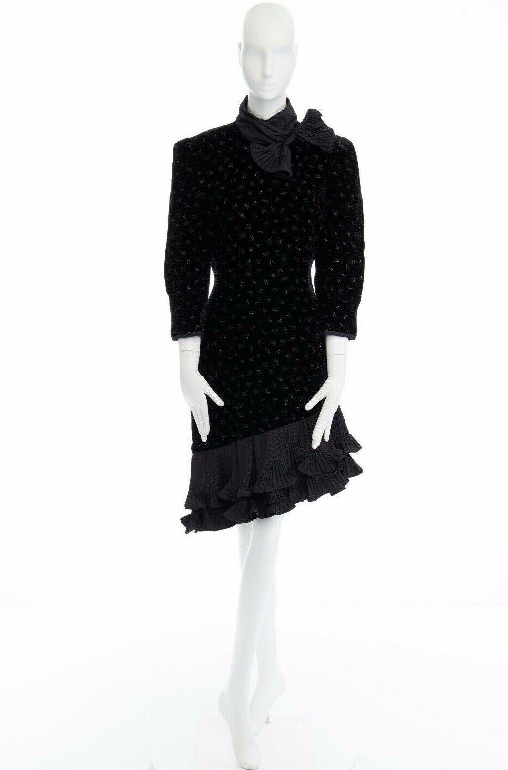 Black ESCADA MARGARETHA LEY 1980's embroidered velvet pleated box ruffle hem dress M