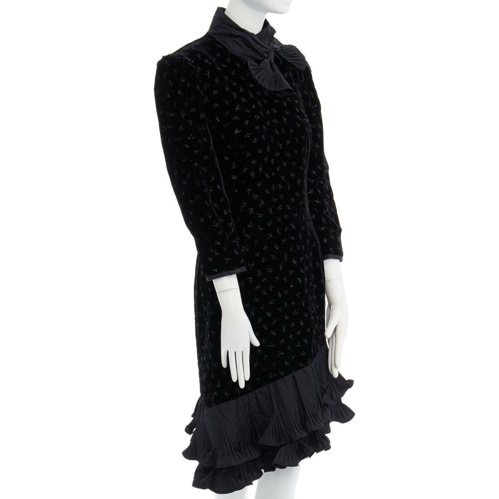 ESCADA MARGARETHA LEY 1980's embroidered velvet pleated box ruffle hem dress M In Excellent Condition In Hong Kong, NT
