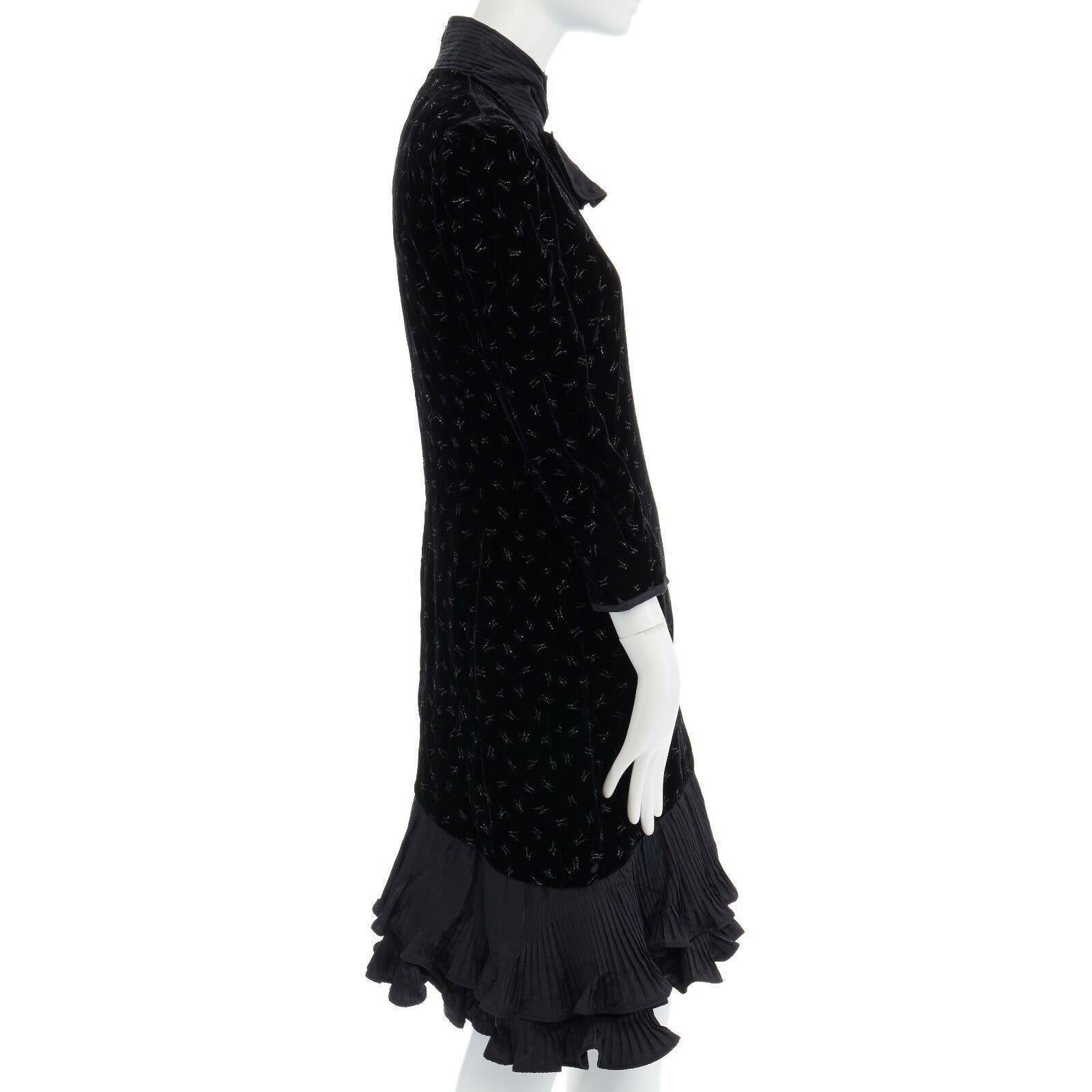 Women's ESCADA MARGARETHA LEY 1980's embroidered velvet pleated box ruffle hem dress M