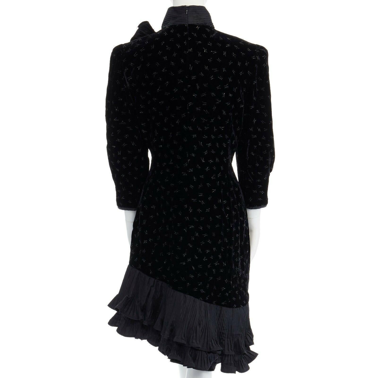 ESCADA MARGARETHA LEY 1980's embroidered velvet pleated box ruffle hem dress M 1