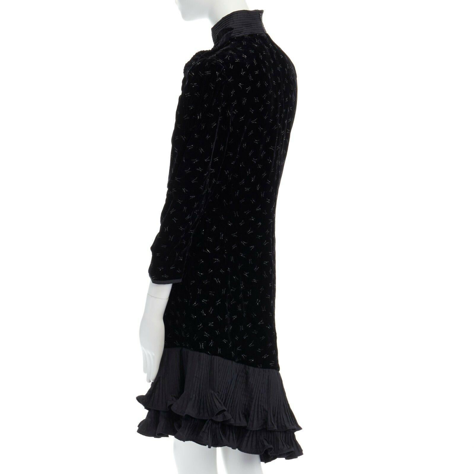 ESCADA MARGARETHA LEY 1980's embroidered velvet pleated box ruffle hem dress M 2