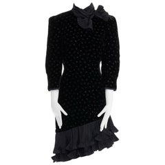 ESCADA MARGARETHA LEY 1980's embroidered velvet pleated box ruffle hem dress M