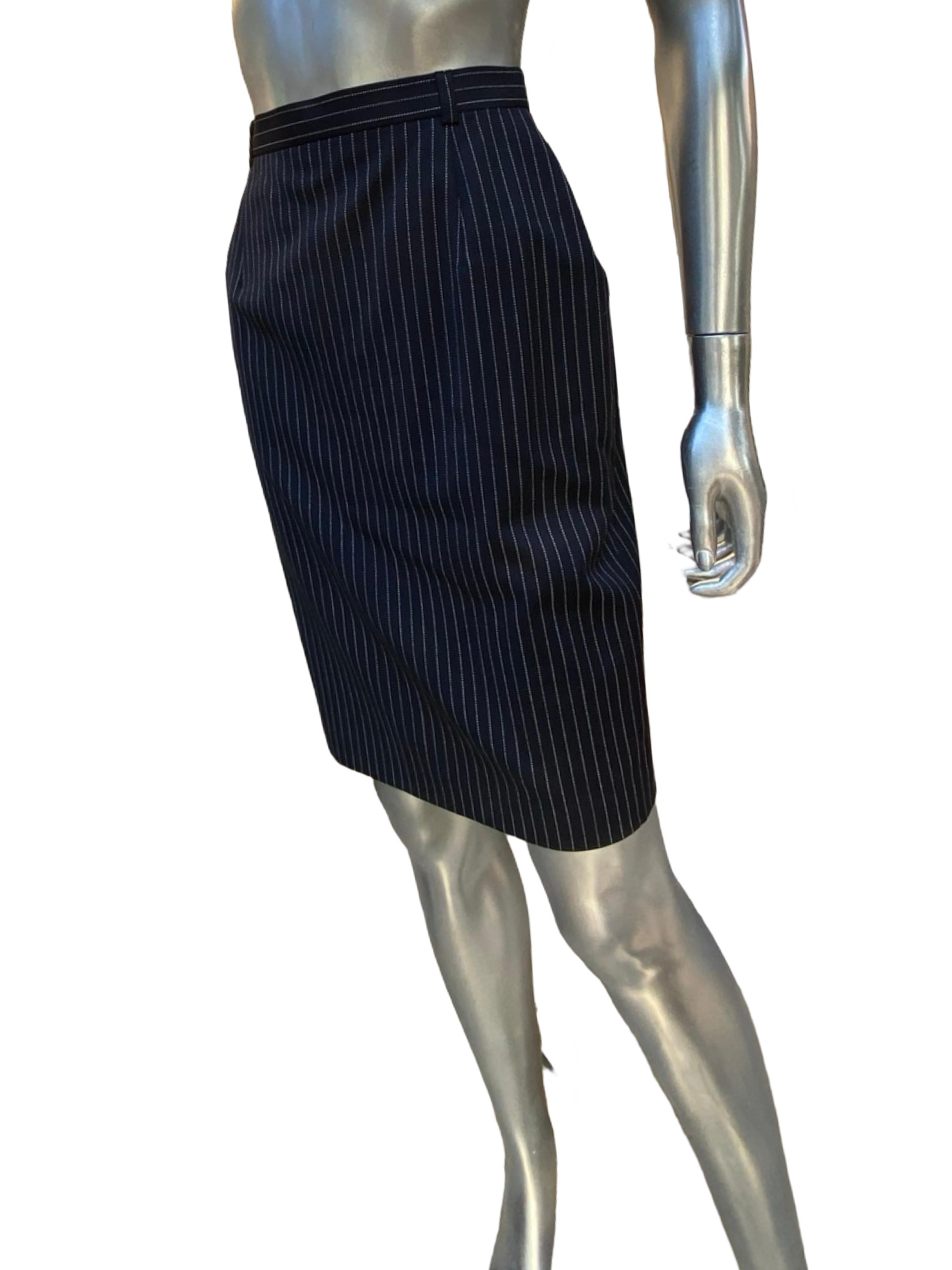 Escada Margaretha Ley Architectural Blazer, Pant Skirt Navy Pinstripe Ensemble For Sale 5