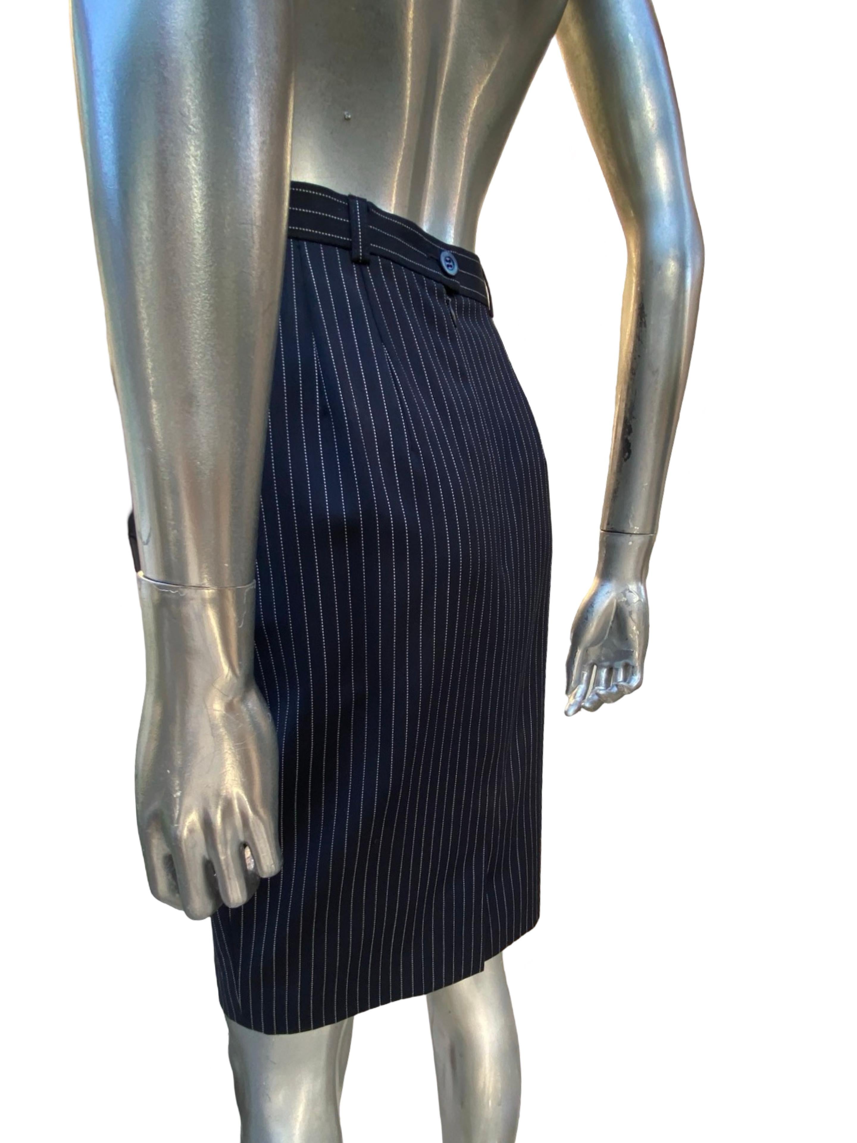 Escada Margaretha Ley Architectural Blazer, Pant Skirt Navy Pinstripe Ensemble For Sale 6