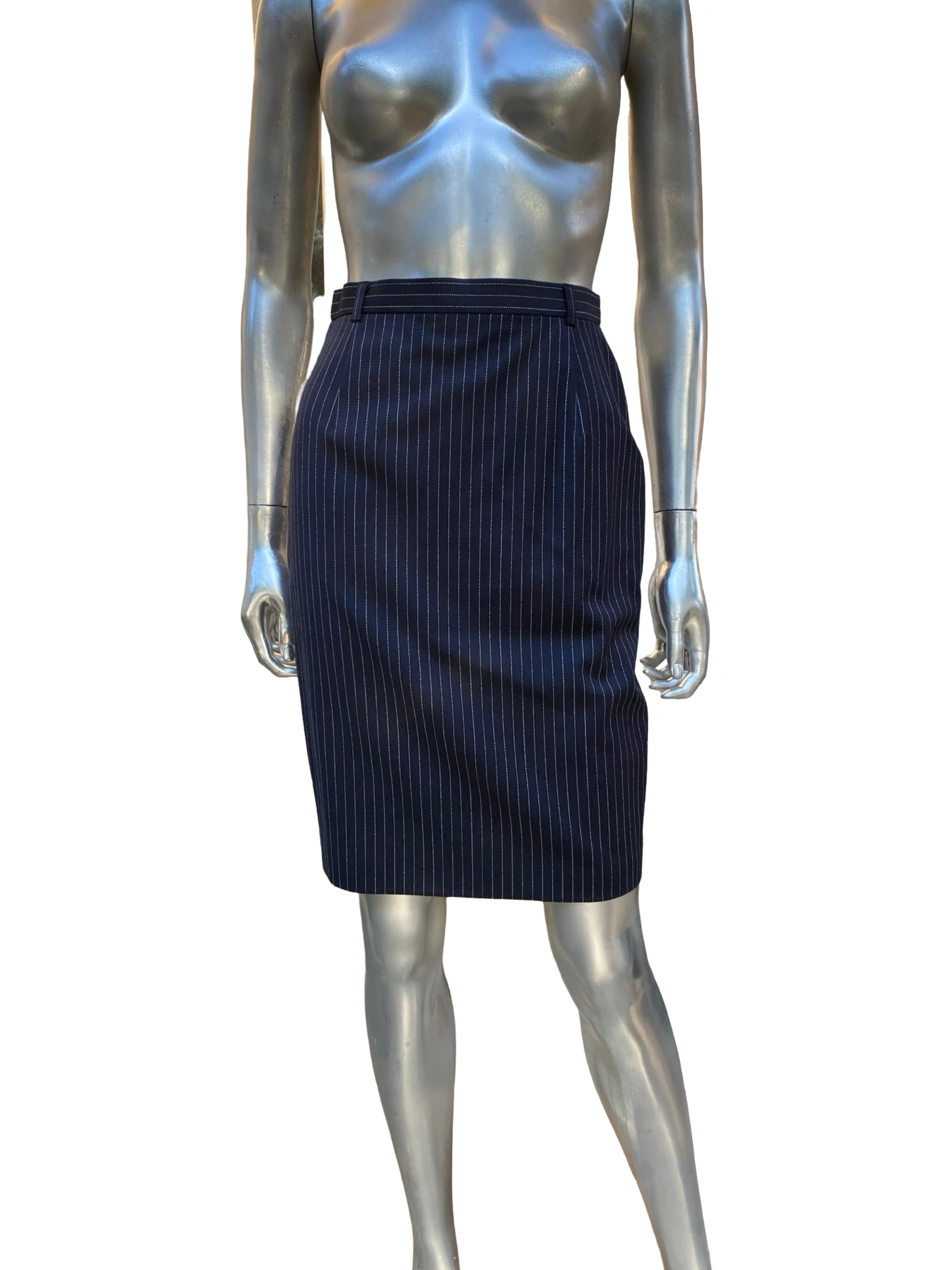 Escada Margaretha Ley Architectural Blazer, Pant Skirt Navy Pinstripe Ensemble For Sale 7