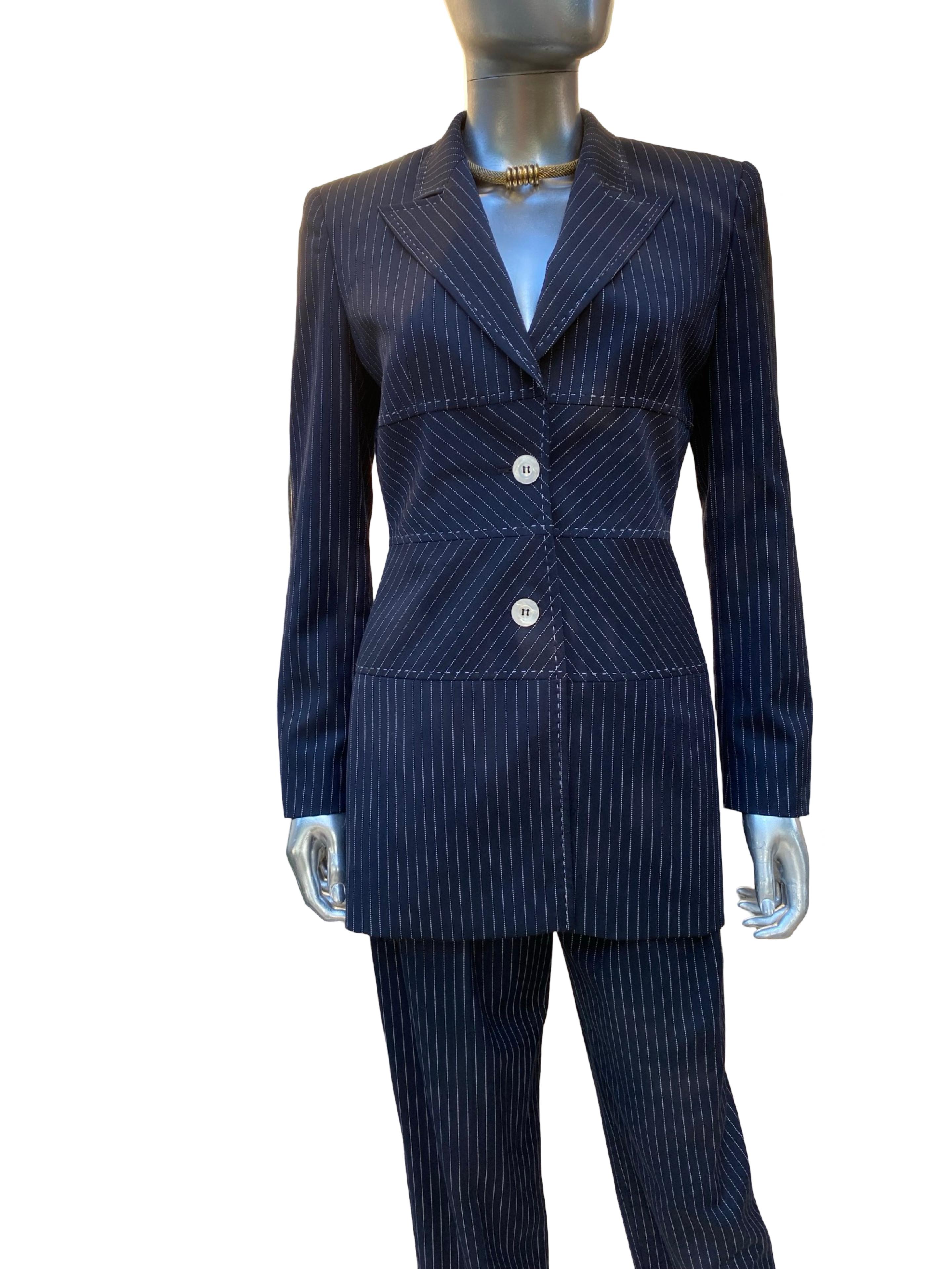 Escada Margaretha Ley Architectural Blazer, Pant Skirt Navy Pinstripe Ensemble For Sale 8