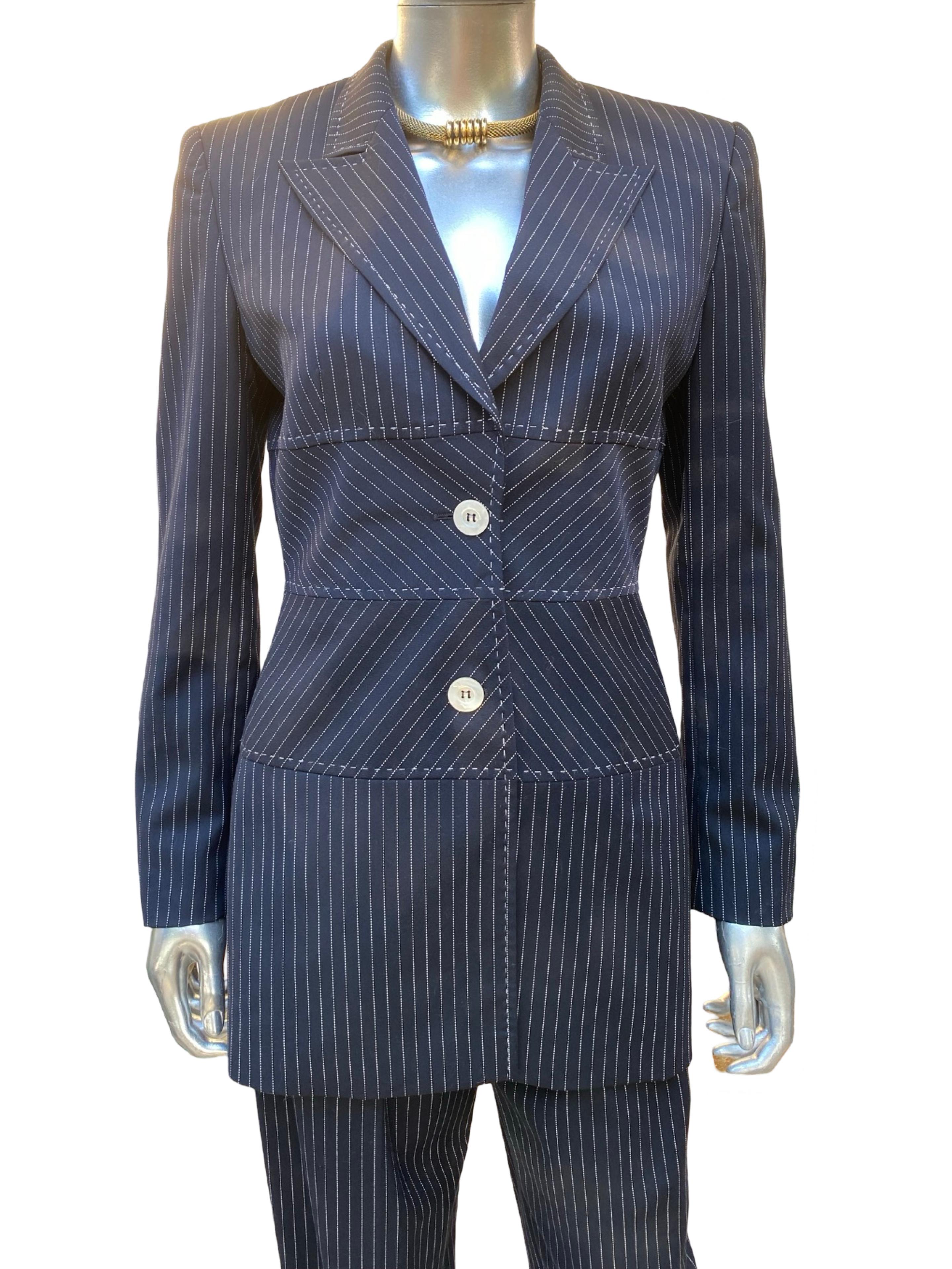 Escada Margaretha Ley Architectural Blazer, Pant Skirt Navy Pinstripe Ensemble For Sale 9
