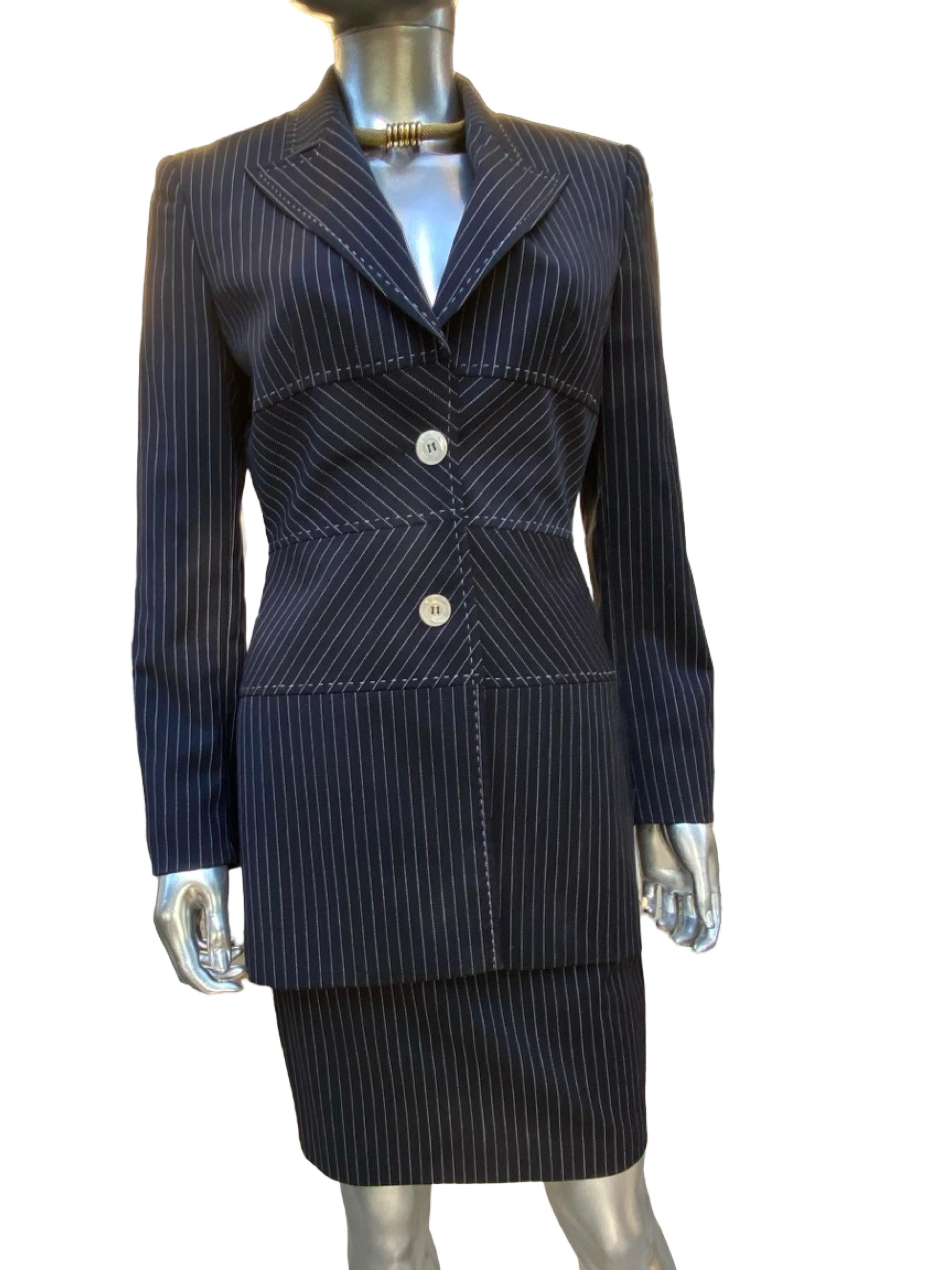 Escada Margaretha Ley Architectural Blazer, Pant Skirt Navy Pinstripe Ensemble For Sale 10