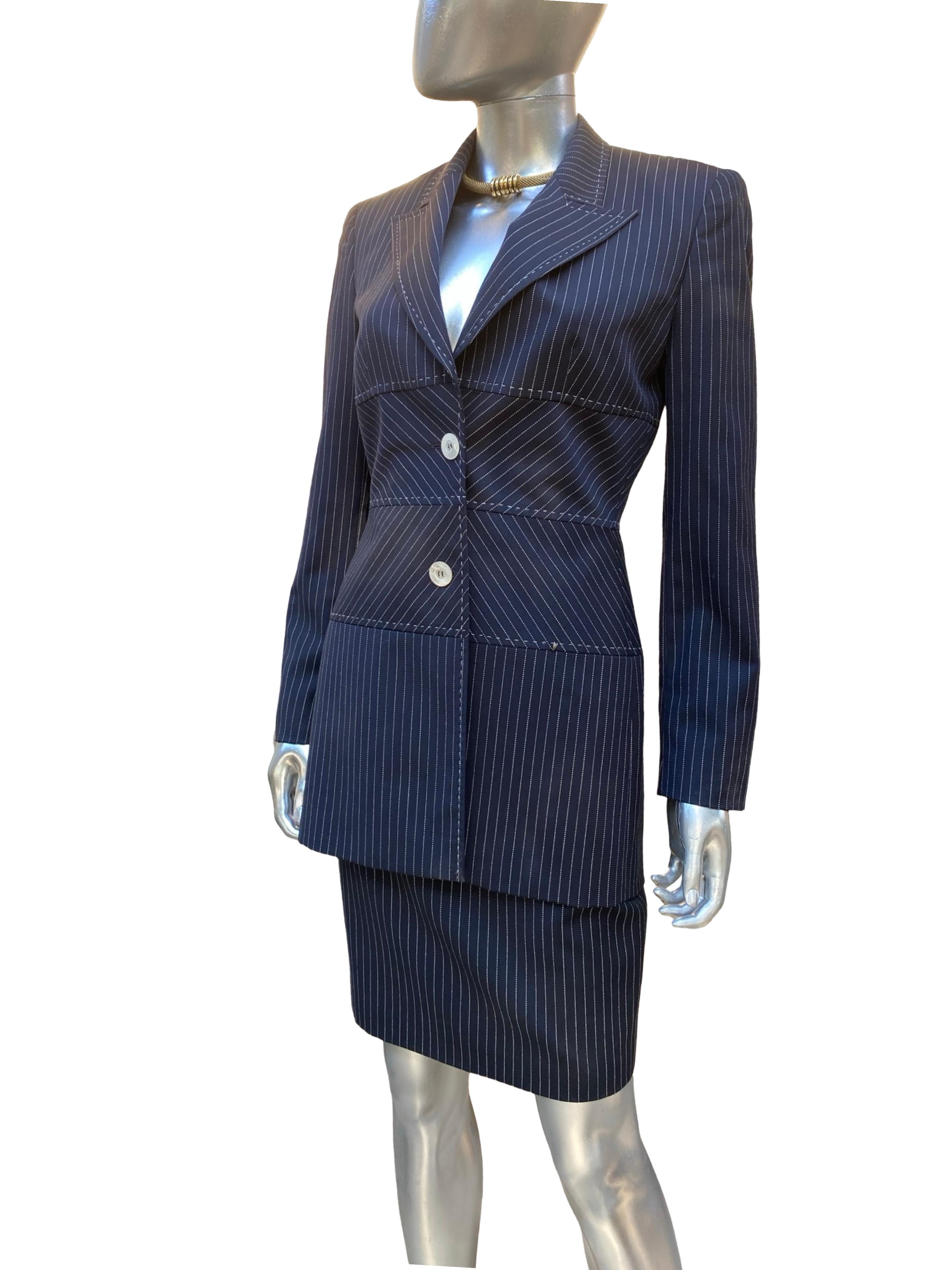Escada Margaretha Ley Architectural Blazer, Pant Skirt Navy Pinstripe Ensemble For Sale 11