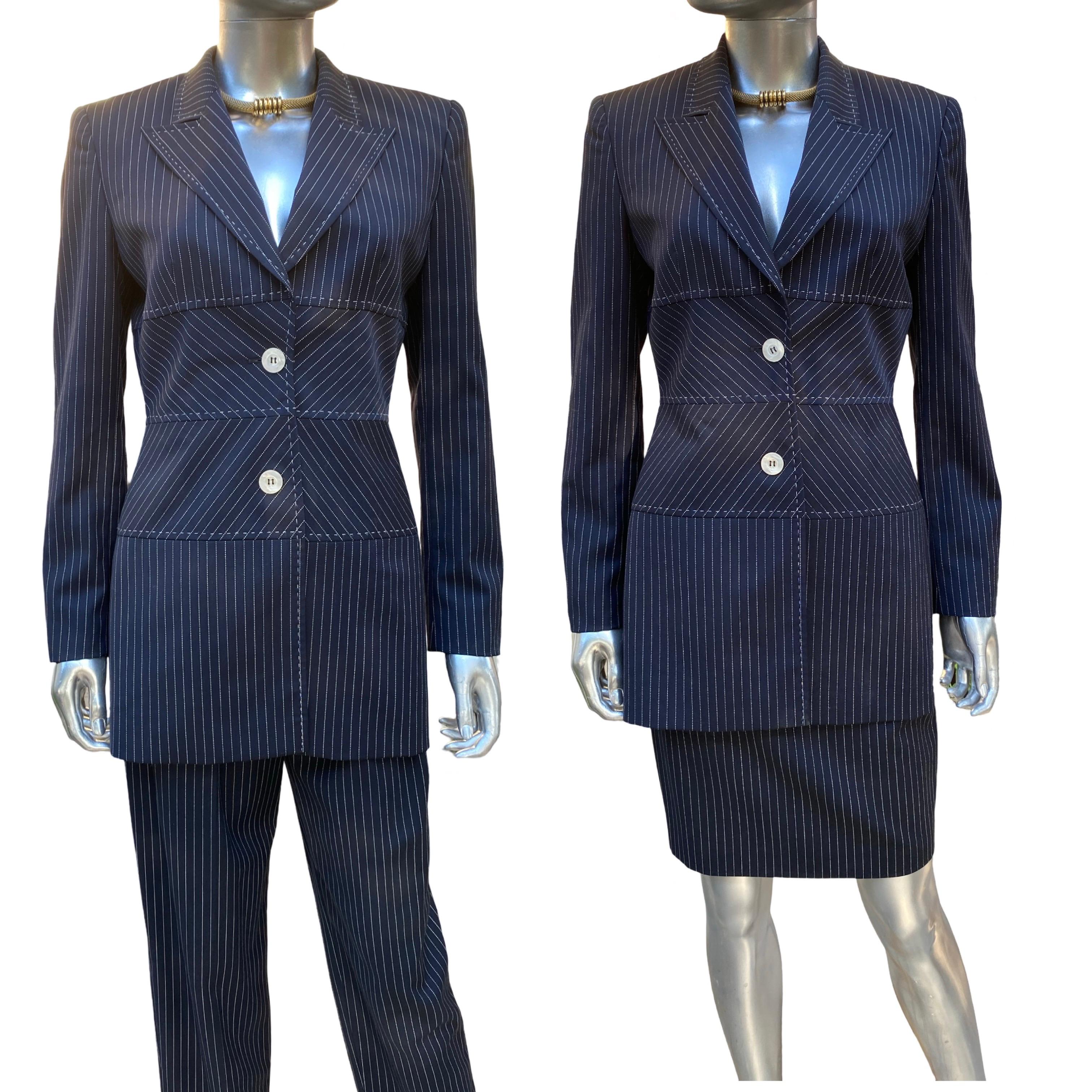 Escada Margaretha Ley Architectural Blazer, Pant Skirt Navy Pinstripe Ensemble For Sale 14