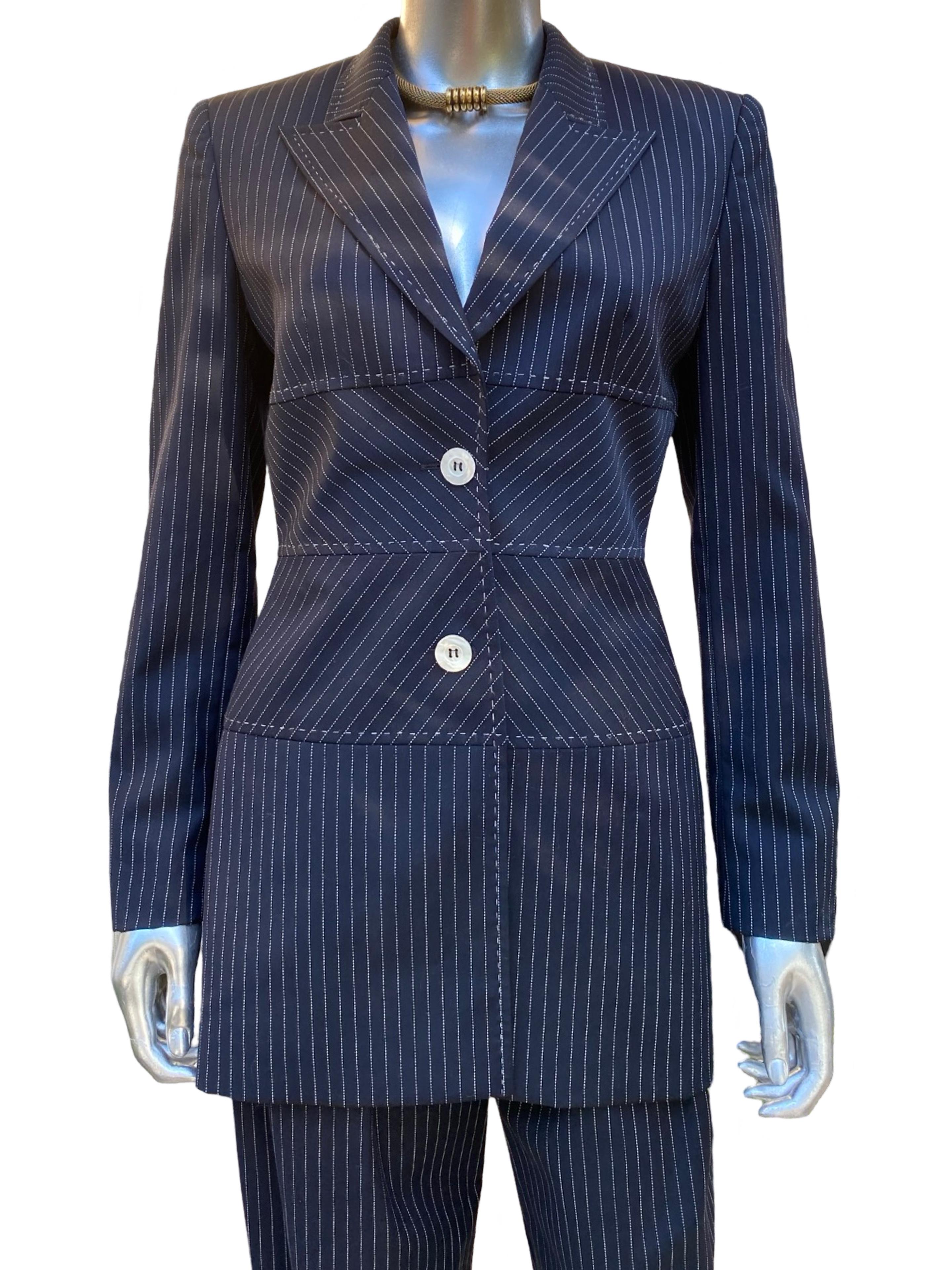Escada Margaretha Ley Architectural Blazer, Pant Skirt Navy Pinstripe Ensemble In Good Condition For Sale In Palm Springs, CA