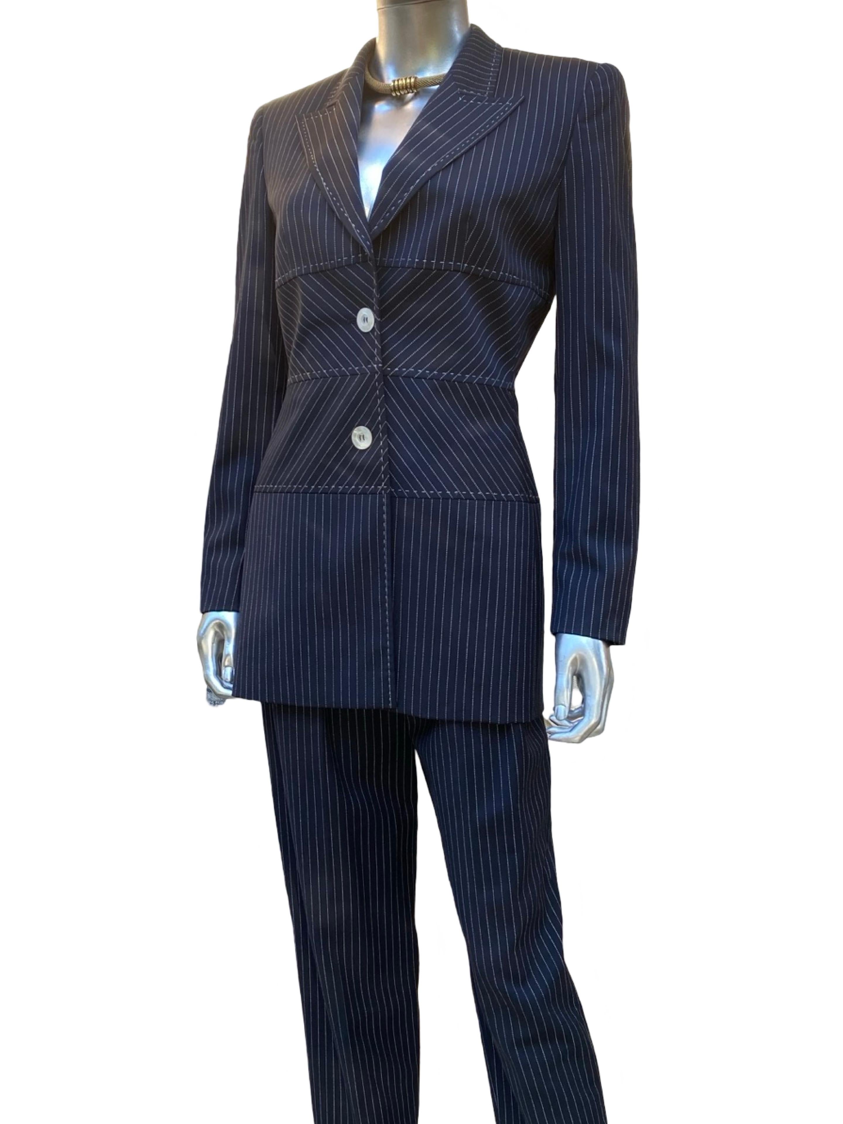 Women's Escada Margaretha Ley Architectural Blazer, Pant Skirt Navy Pinstripe Ensemble For Sale