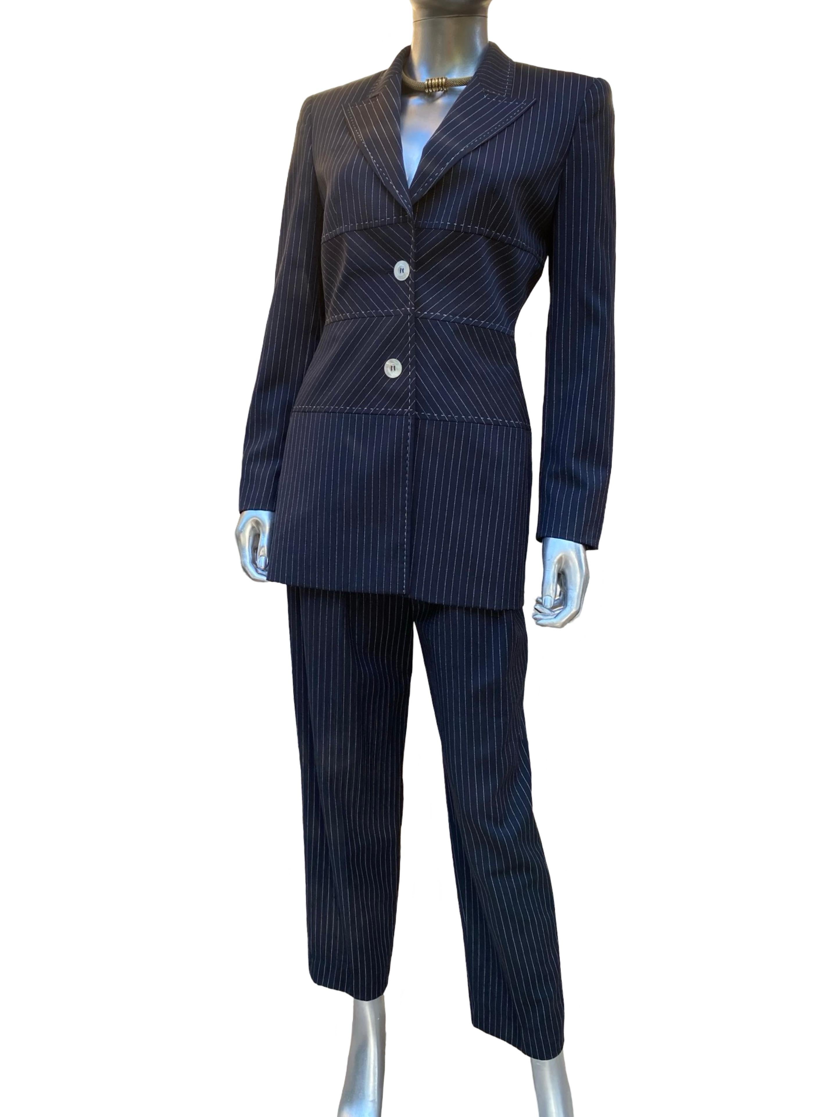 Escada Margaretha Ley Architectural Blazer, Pant Skirt Navy Pinstripe Ensemble For Sale 1