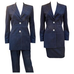 Escada Margaretha Ley Architectural Blazer, Pant Skirt Navy Pinstripe Set Size 4