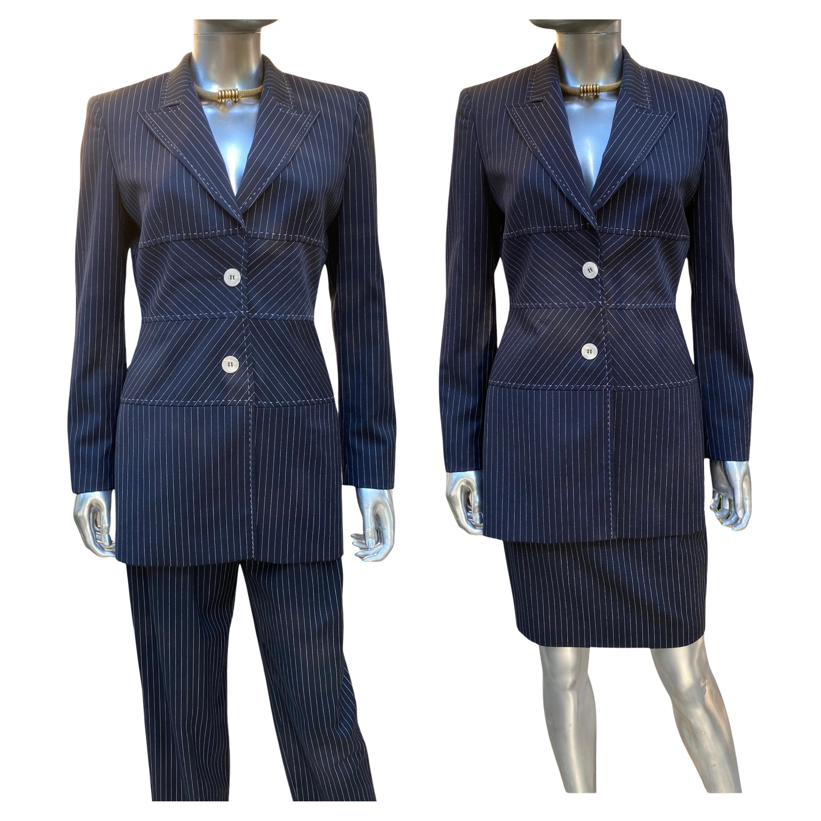 Escada Margaretha Ley Architectural Blazer, Pant Skirt Navy Pinstripe Ensemble For Sale