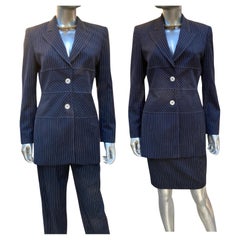 Escada Margaretha Ley Architektonisches Ensemble aus Blazer, Hose und Rock in Marineblau mit Nadelstreifen