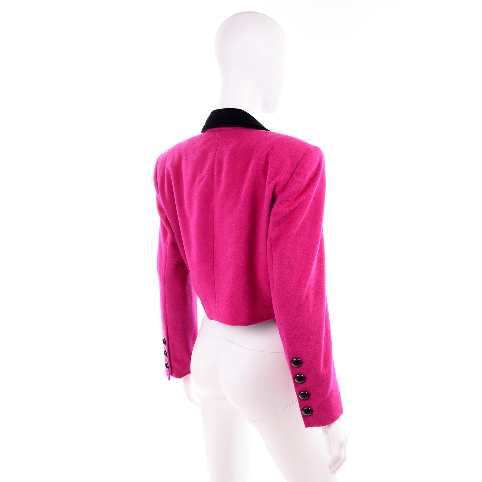Red Escada Margaretha Ley Bright Pink Wool Short Blazer Jacket Black Velvet Trim 