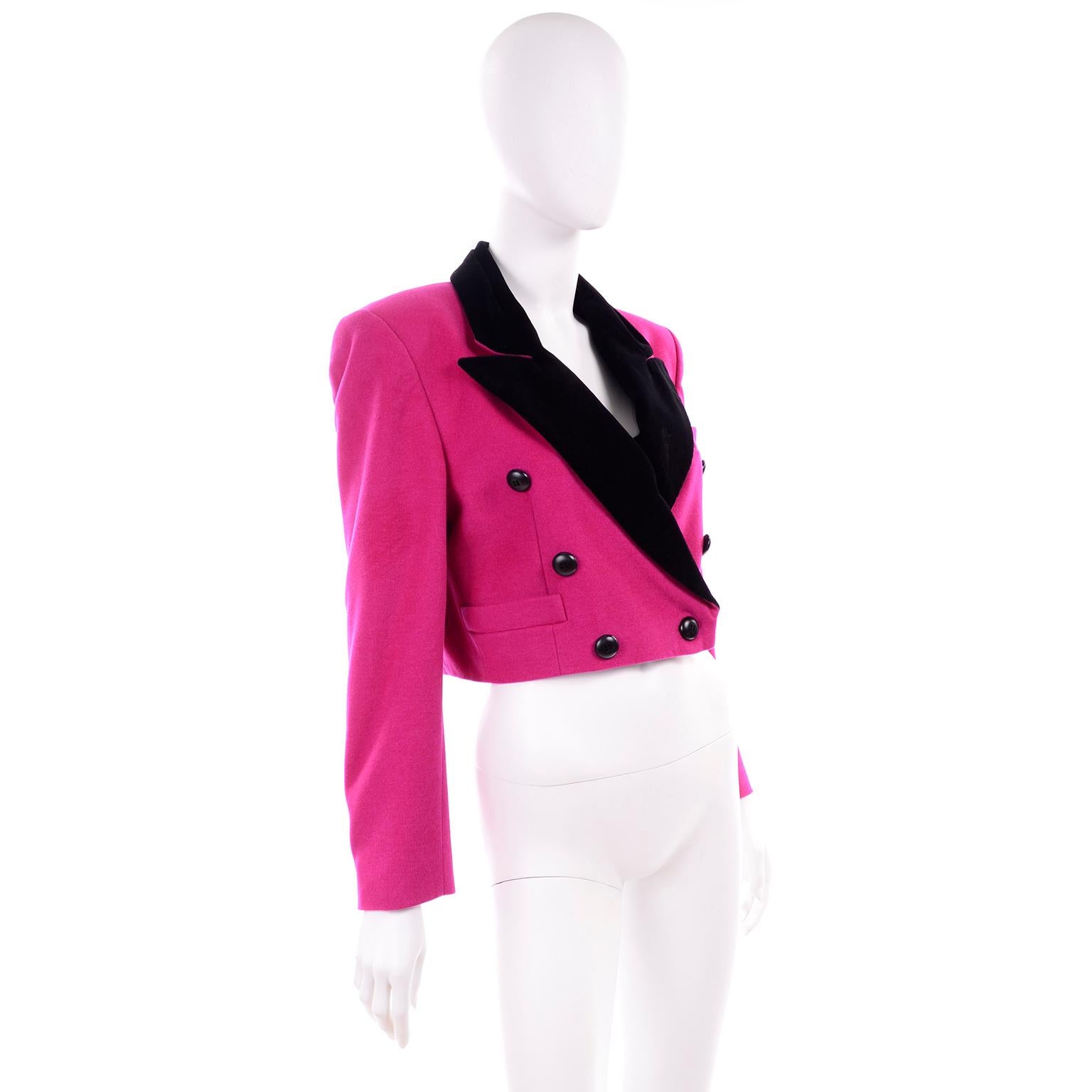 Escada Margaretha Ley Bright Pink Wool Short Blazer Jacket Black Velvet Trim  In Excellent Condition In Portland, OR