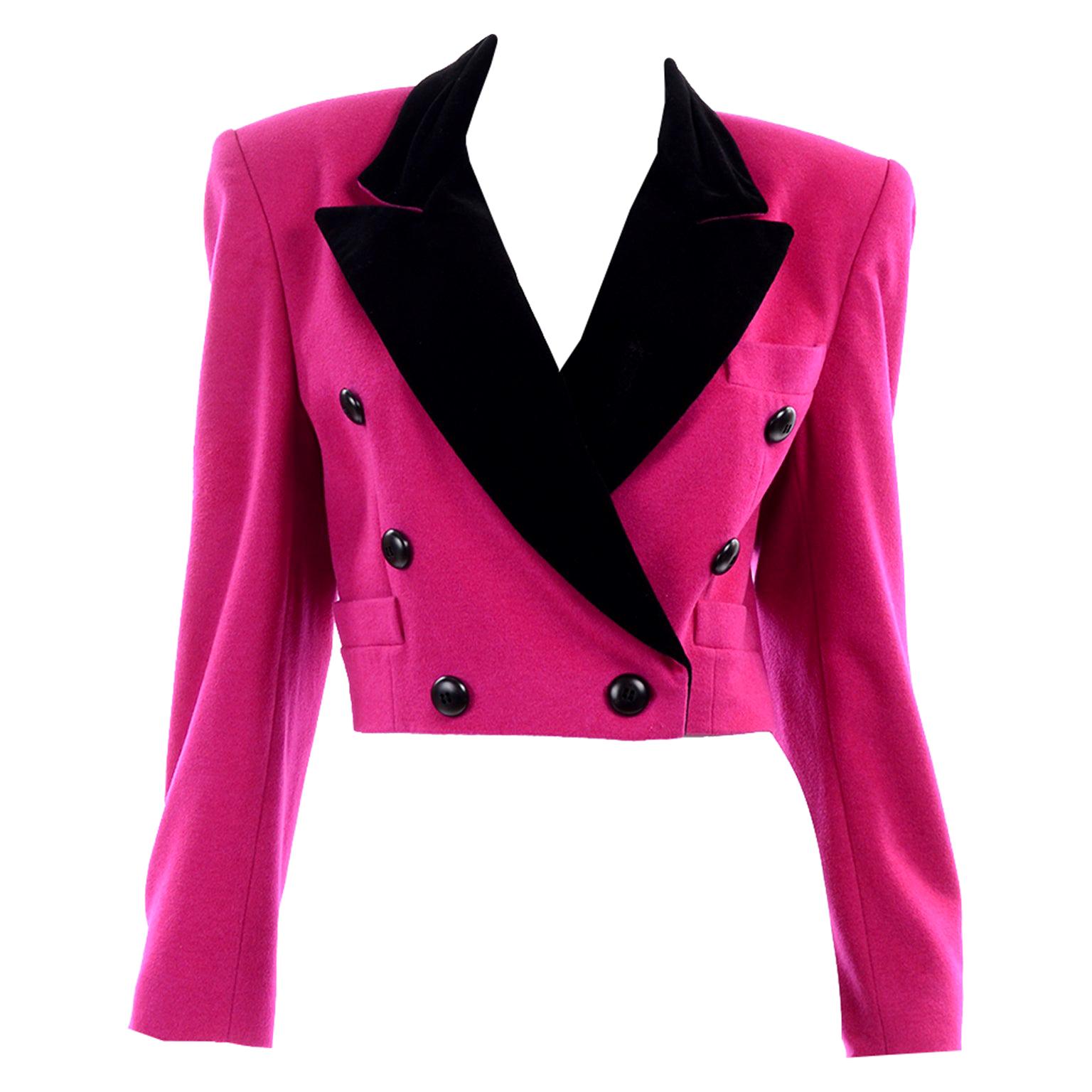 Escada Margaretha Ley Bright Pink Wool Short Blazer Jacket Black Velvet Trim 
