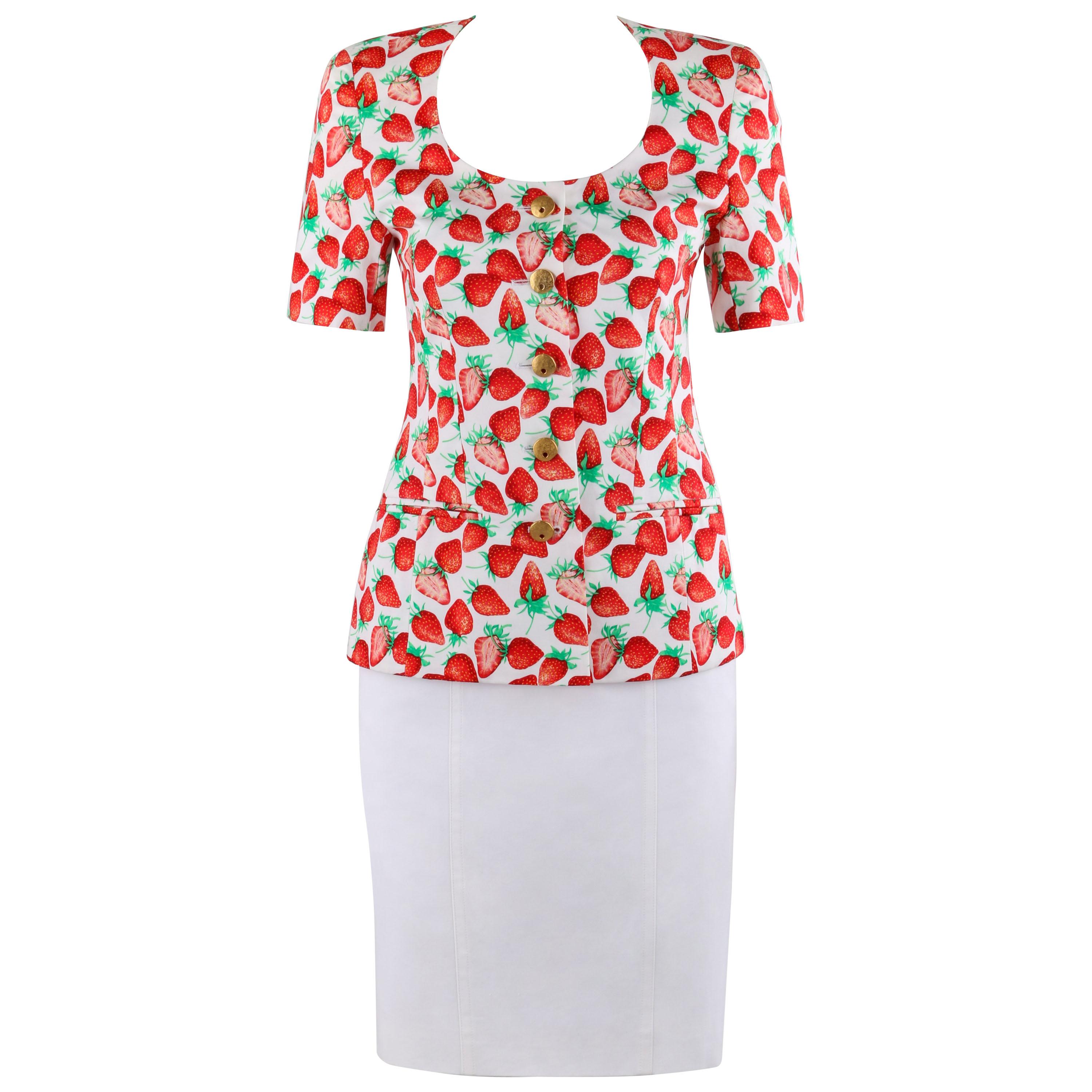 ESCADA MARGARETHA LEY c.1990s Strawberry Print Jacket White Skirt Suit Dress Set
