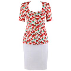 ESCADA MARGARETHA LEY c.1990s Strawberry Print Jacket White Skirt Suit Dress Set