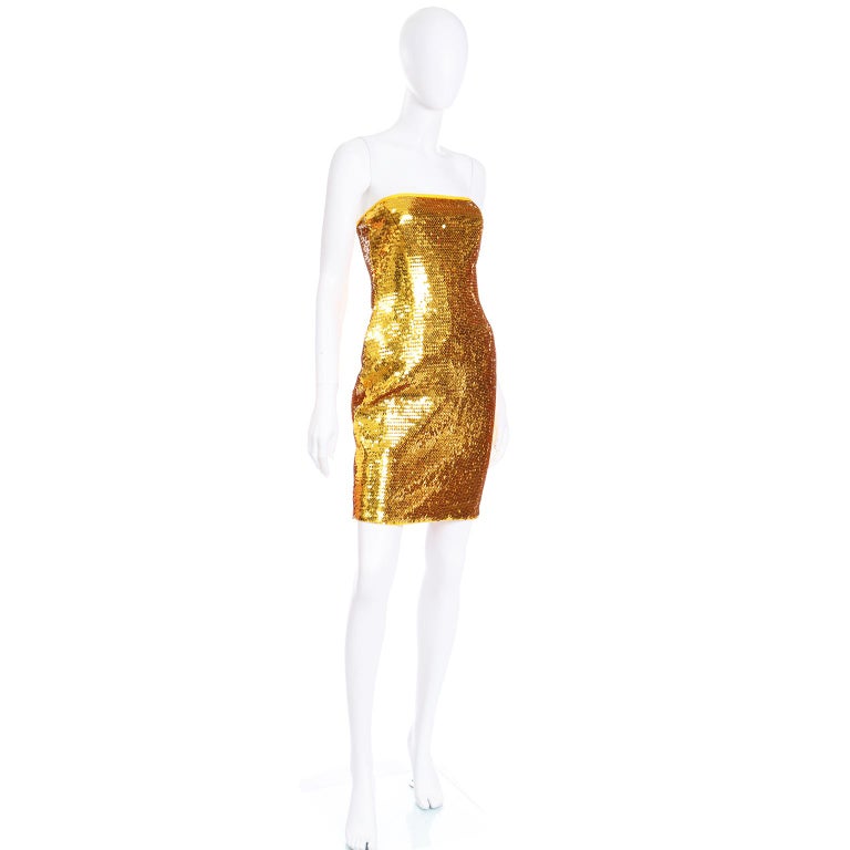 Brown Escada Margaretha Ley Gold Sequin Strapless Evening Dress For Sale