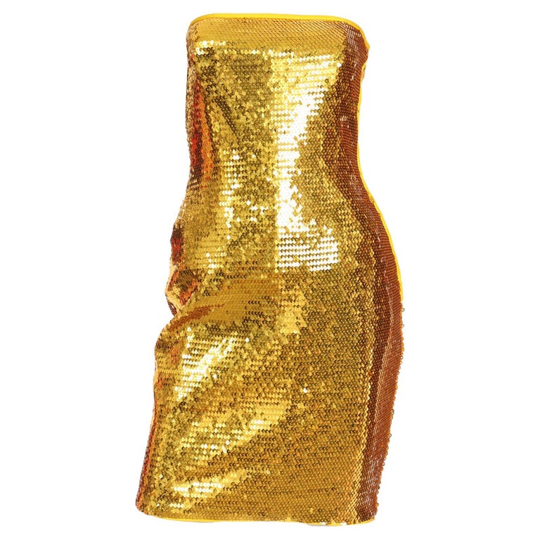 Escada Margaretha Ley Gold Sequin Strapless Evening Dress For Sale