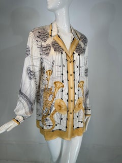 Escada Margaretha Ley Musical Theme Silk Print Blouse 1980s 42