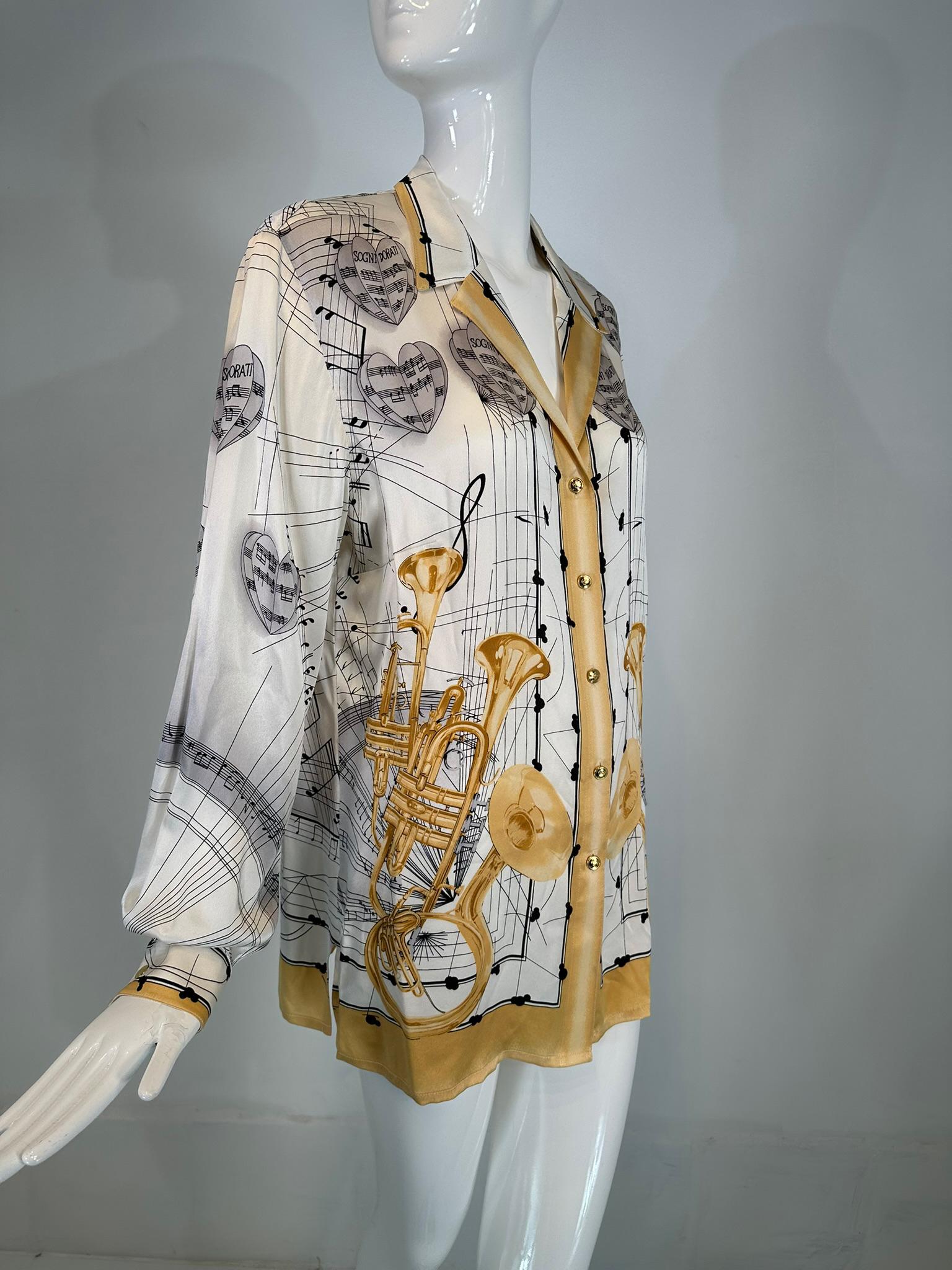 Brown Escada Margaretha Ley Musical Theme Silk Print Blouse 1980s 42 For Sale