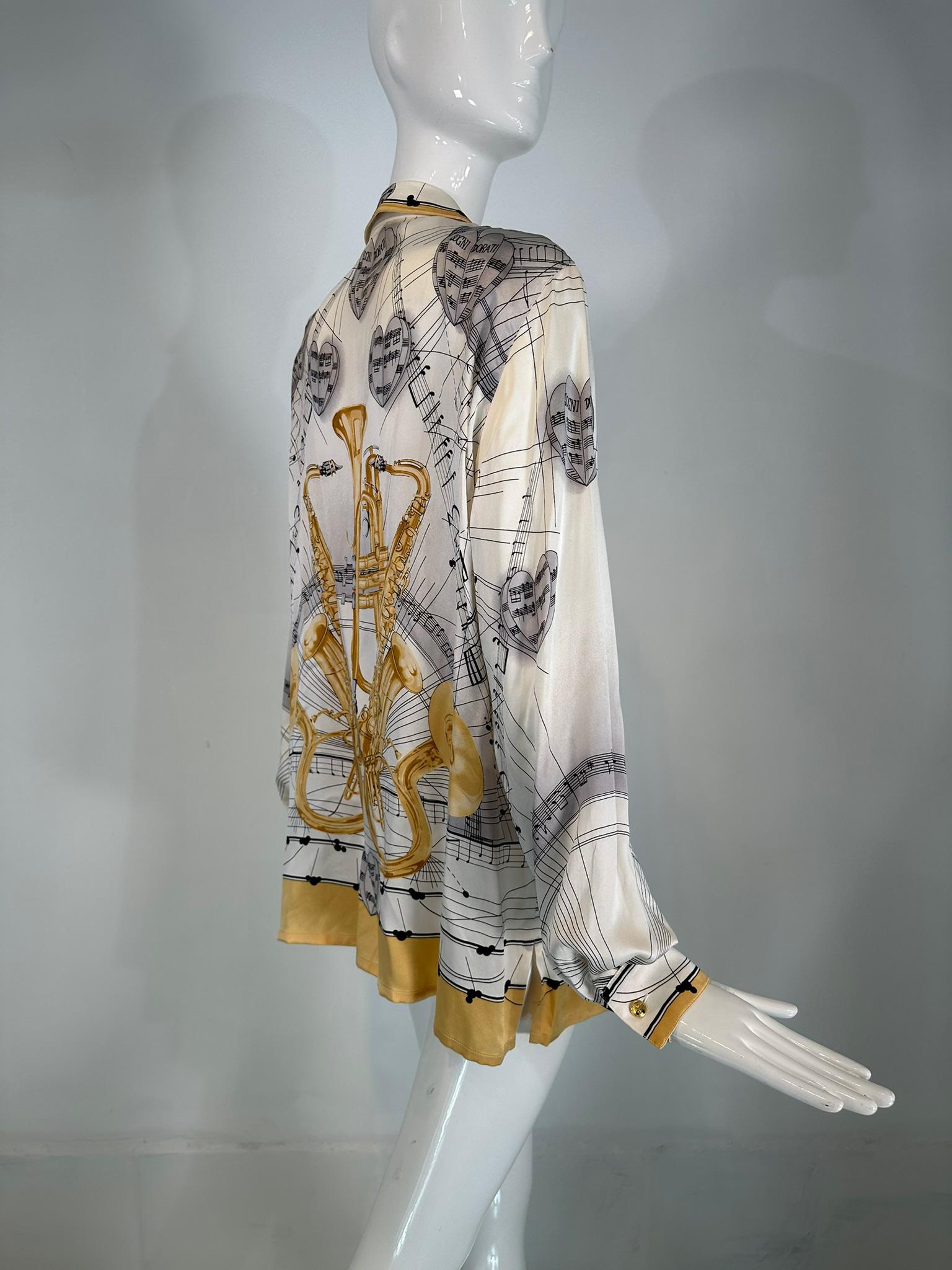 Women's Escada Margaretha Ley Musical Theme Silk Print Blouse 1980s 42 For Sale