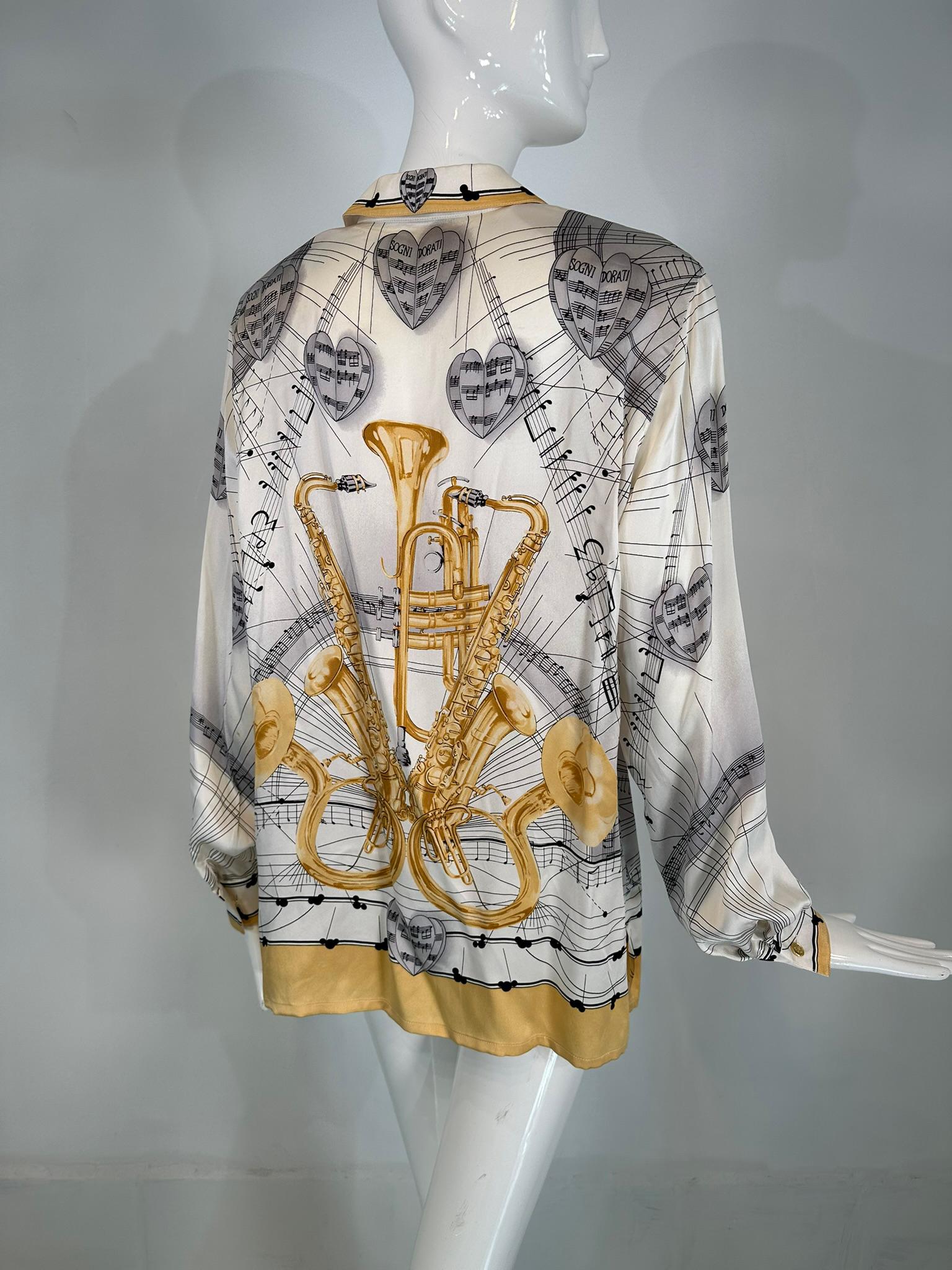 Escada Margaretha Ley Musical Theme Silk Print Blouse 1980s 42 For Sale 1